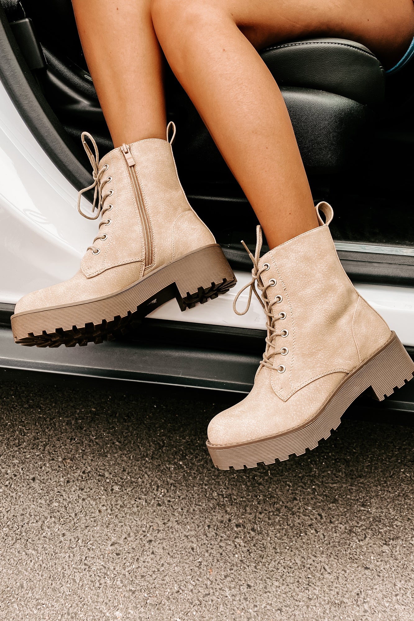 Fearless Leader Chunky Faux Leather Combat Boot (Natural)-The Formal Wear