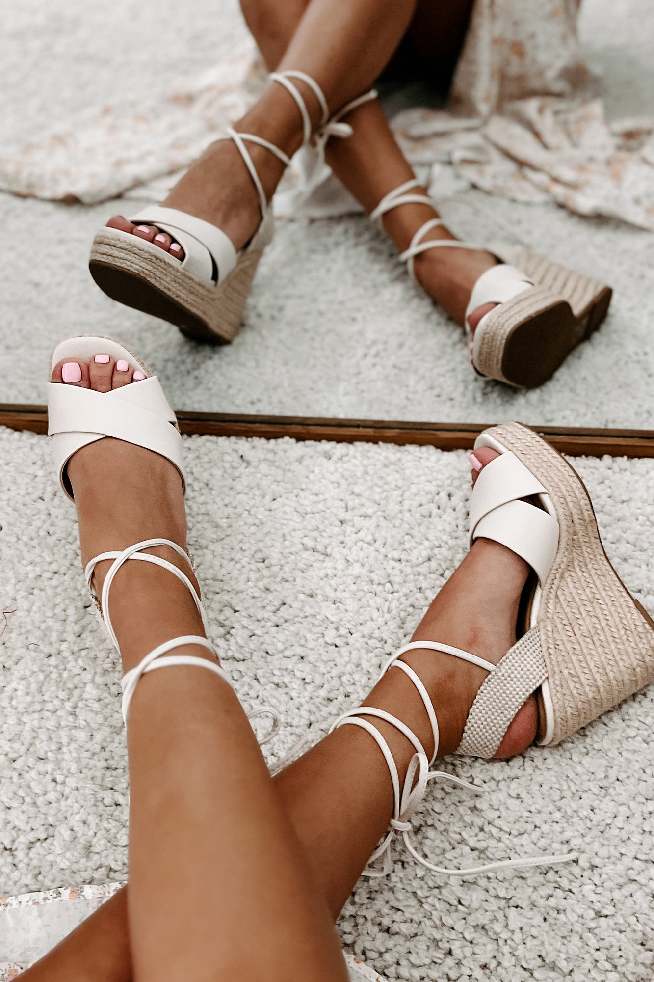So Sweet Ankle Tie Wedge Sandals (Bone)-The Formal Wear