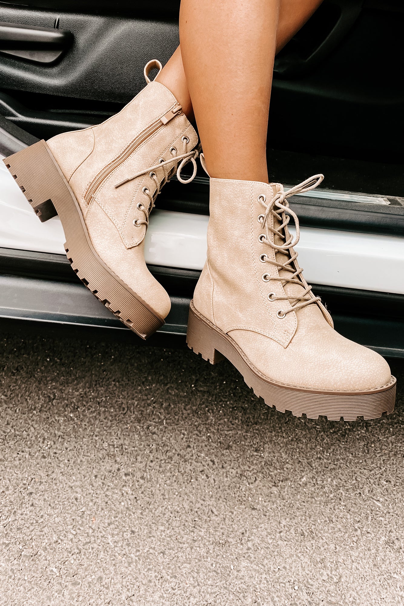 Fearless Leader Chunky Faux Leather Combat Boot (Natural)-The Formal Wear