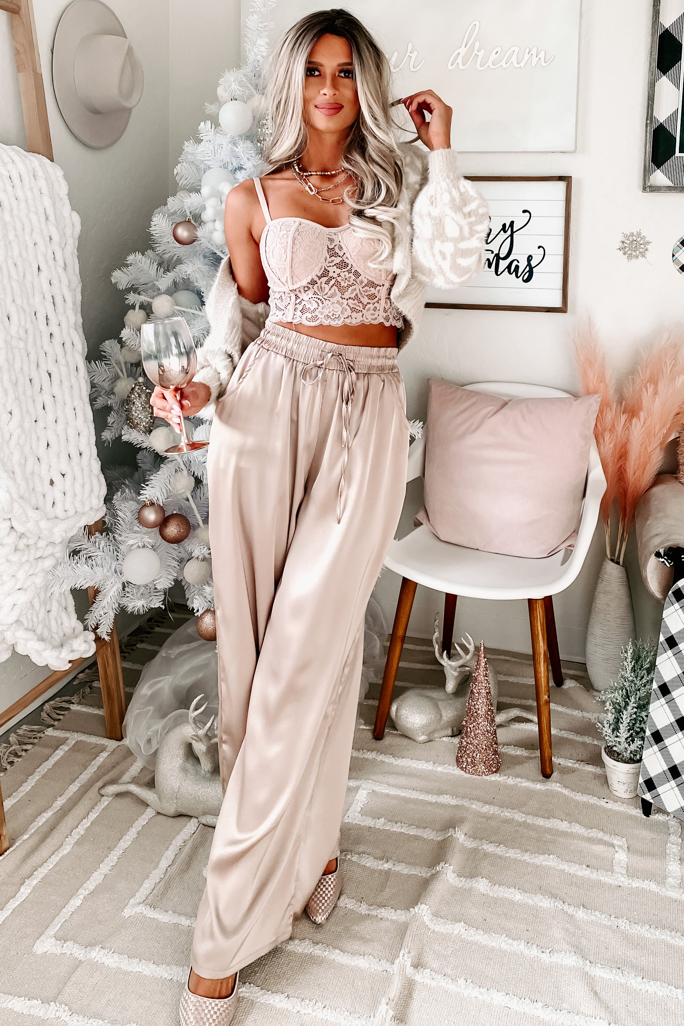 Eisele Wide Leg Satin Pants (Light Taupe)-The Formal Wear