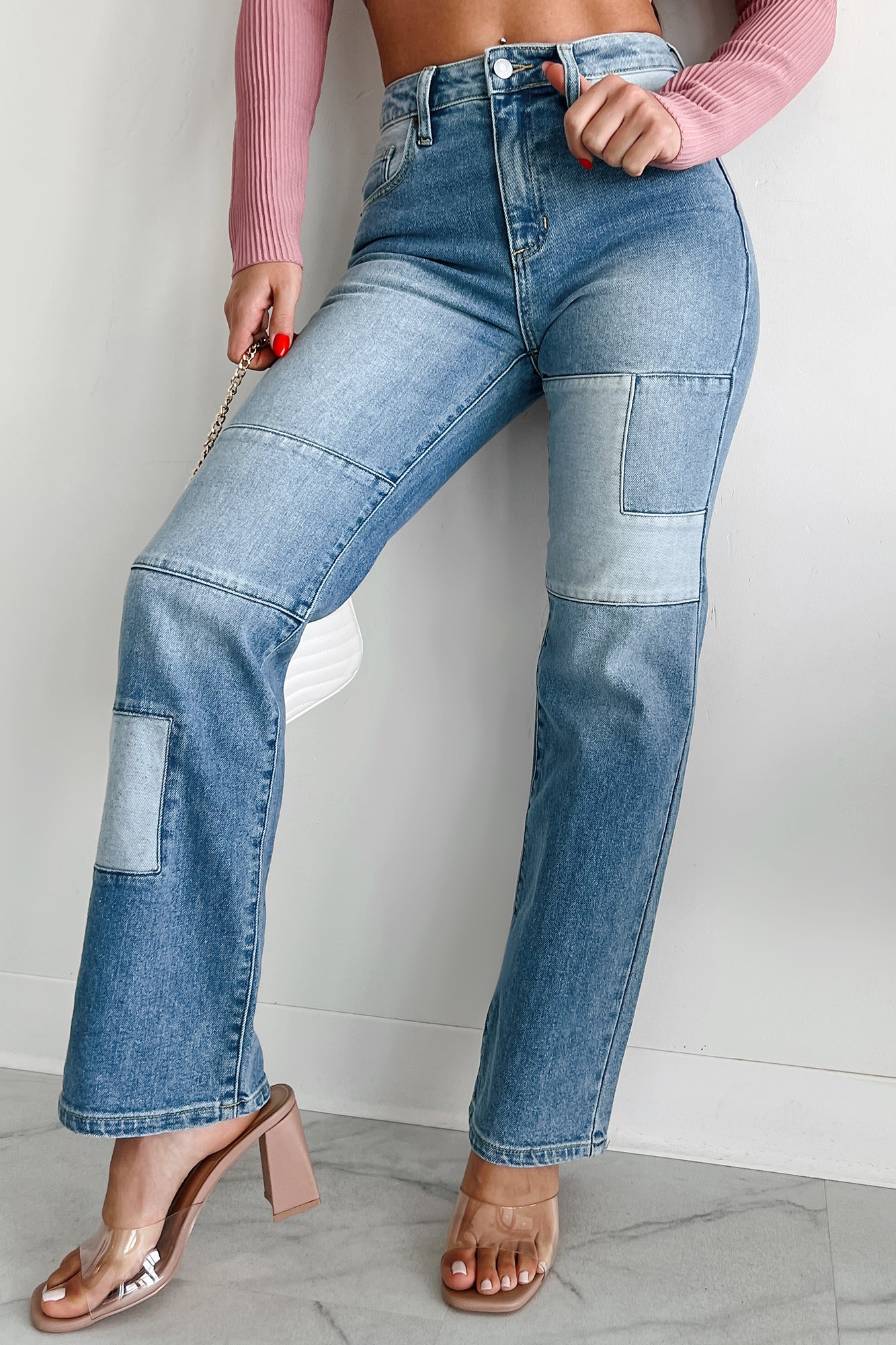 Cyprus Straight Leg Patchwork Sneak Peek Jeans (Light Vintage)-The Formal Wear