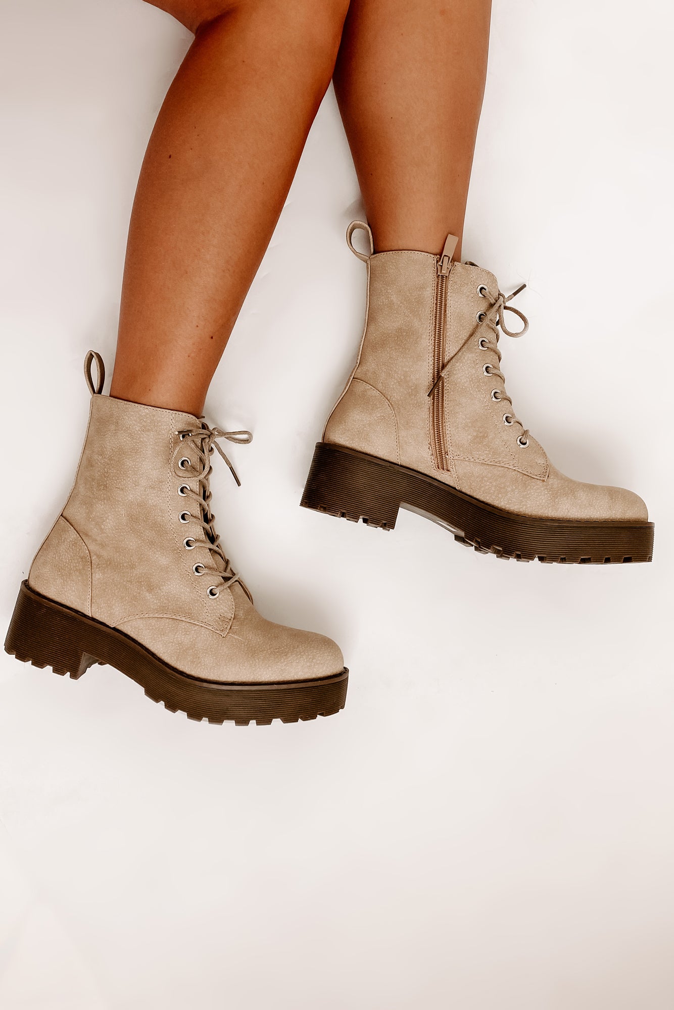 Fearless Leader Chunky Faux Leather Combat Boot (Natural)-The Formal Wear