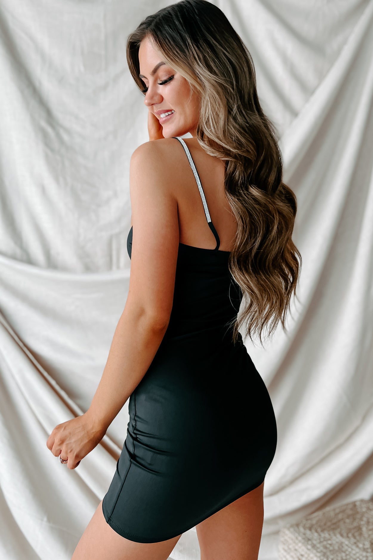 Simple Beauty Rhinestone Strap Mini Dress (Black)-The Formal Wear