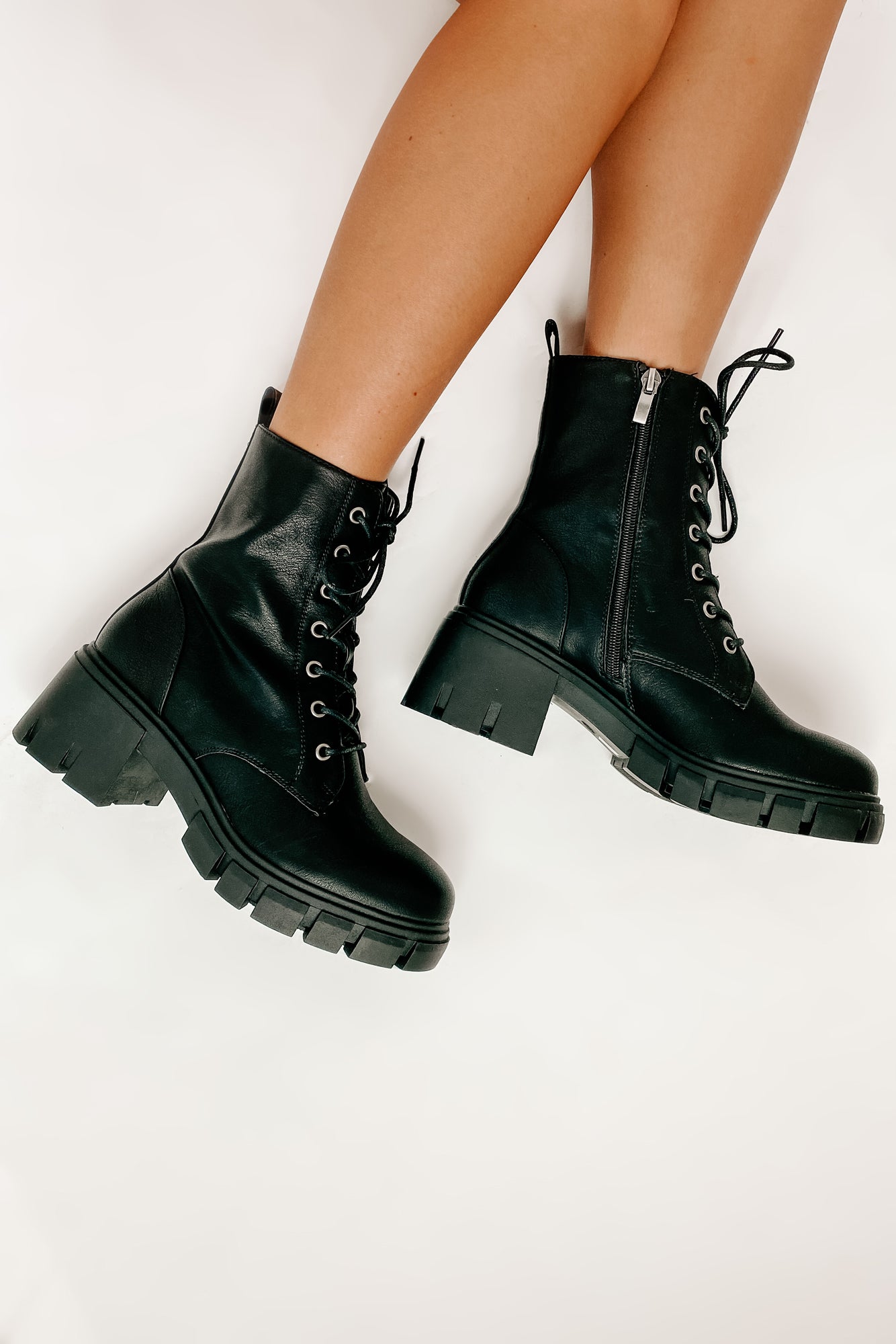 Questionable Intentions Chunky Faux Leather Combat Boots (Black)-The Formal Wear