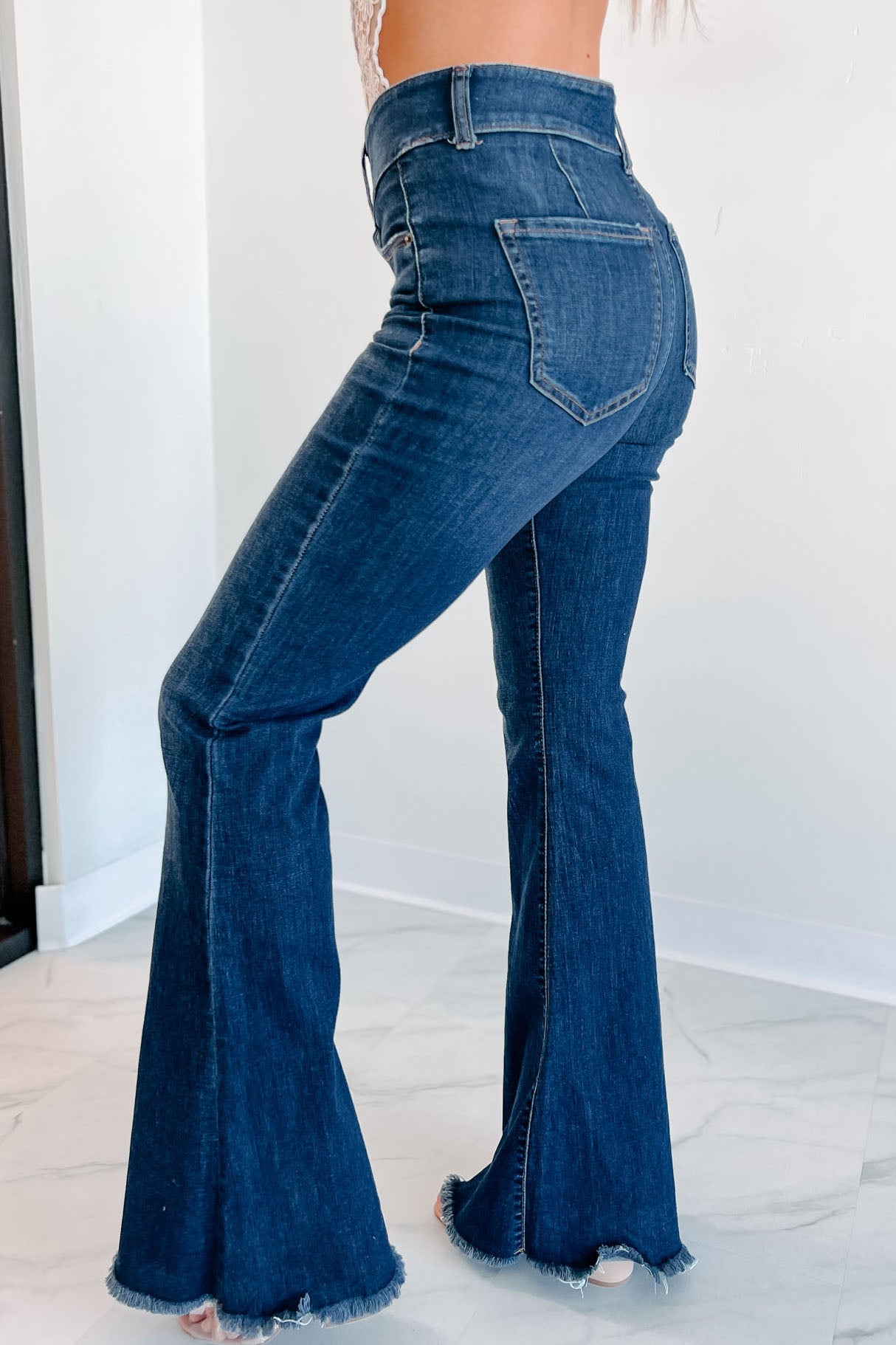 Nilton High Rise Triple Button Sneak Peek Flare Jeans (Dark)-The Formal Wear