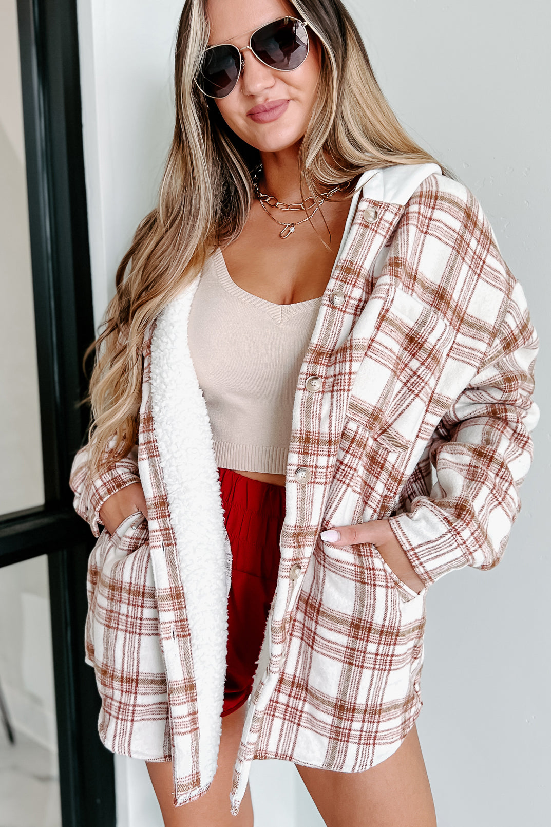 Around The Fire Sherpa Lined Hooded Plaid Jacket (Cream/Red)-The Formal Wear