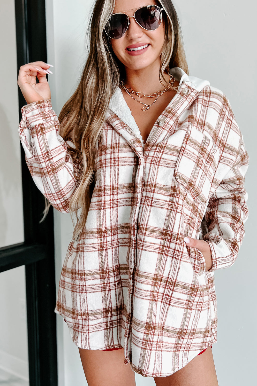 Around The Fire Sherpa Lined Hooded Plaid Jacket (Cream/Red)-The Formal Wear
