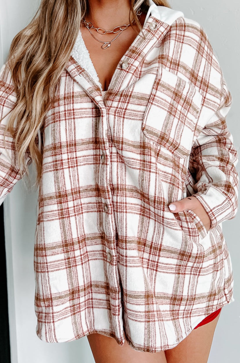 Around The Fire Sherpa Lined Hooded Plaid Jacket (Cream/Red)-The Formal Wear