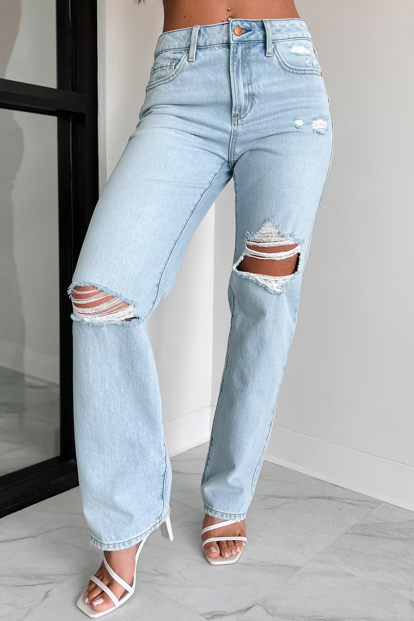 Atticus High Rise Distressed Sneak Peak Straight Leg Jeans (Light)-The Formal Wear