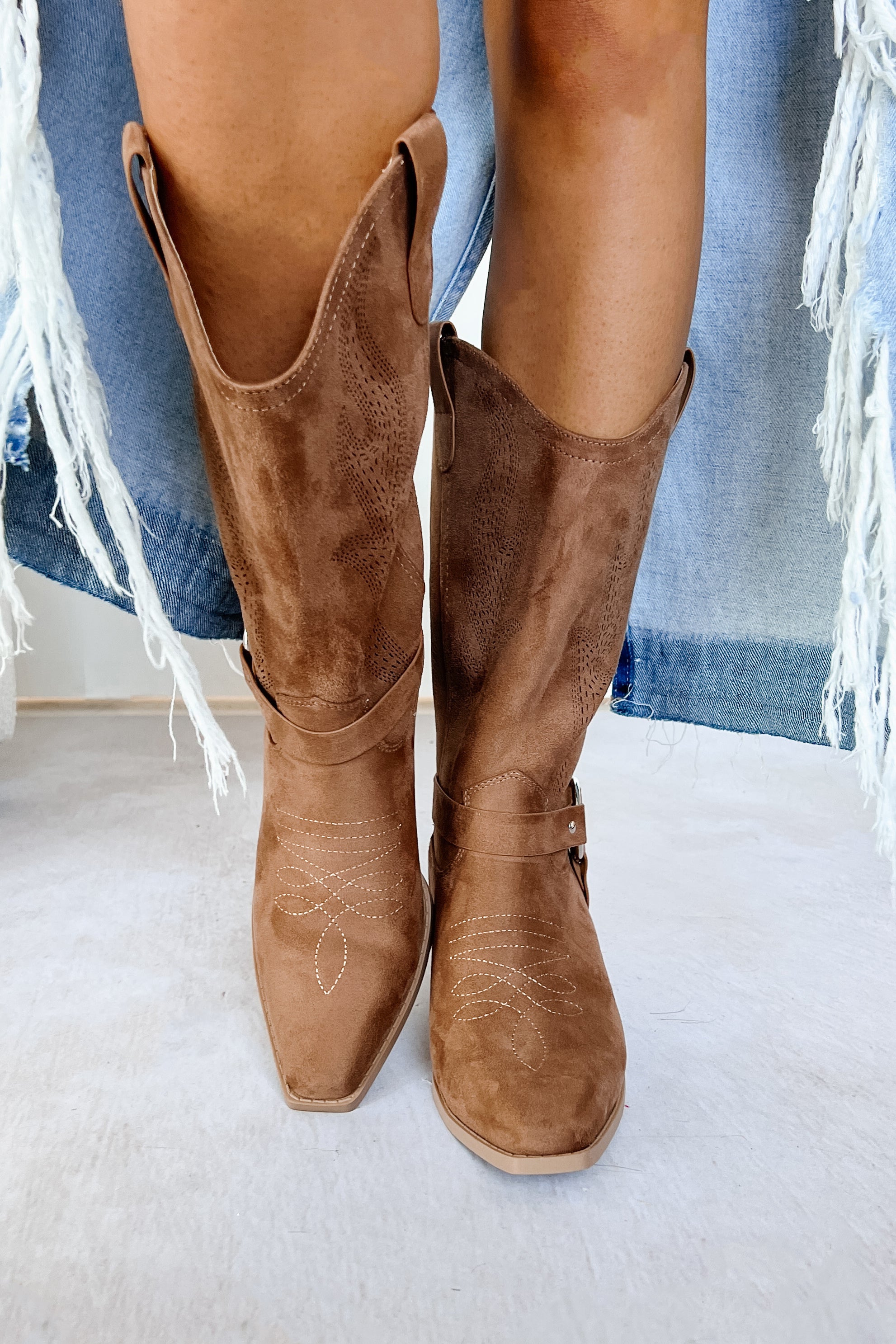 Boots Made For Walkin' Embroidered Suede Boots (Tan)-The Formal Wear