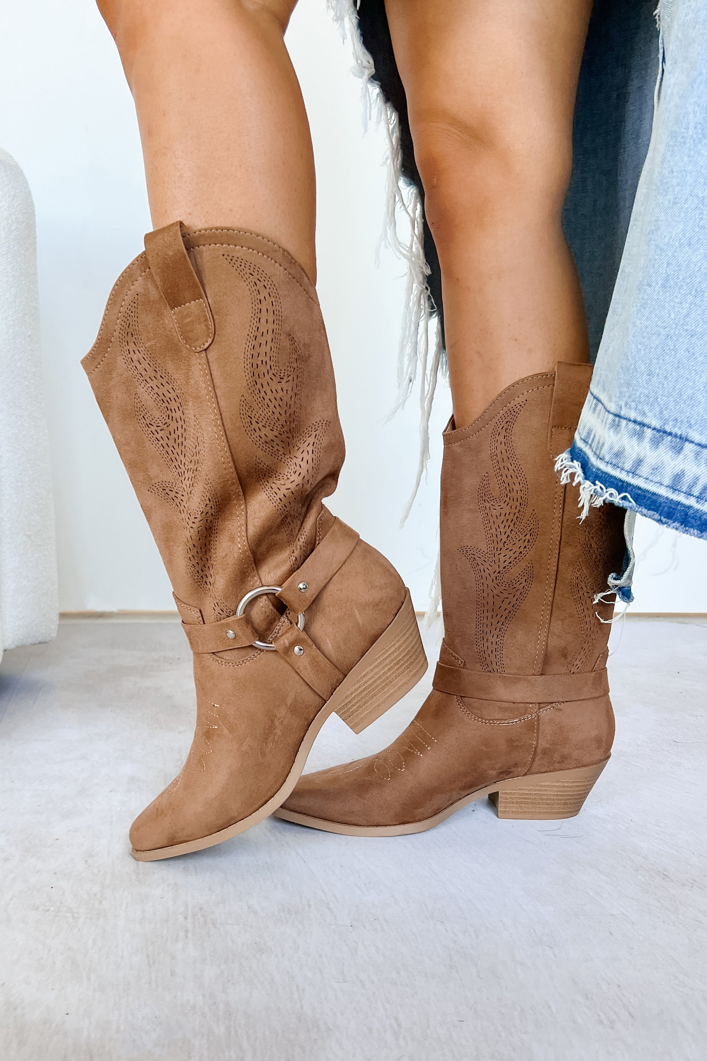 Boots Made For Walkin' Embroidered Suede Boots (Tan)-The Formal Wear