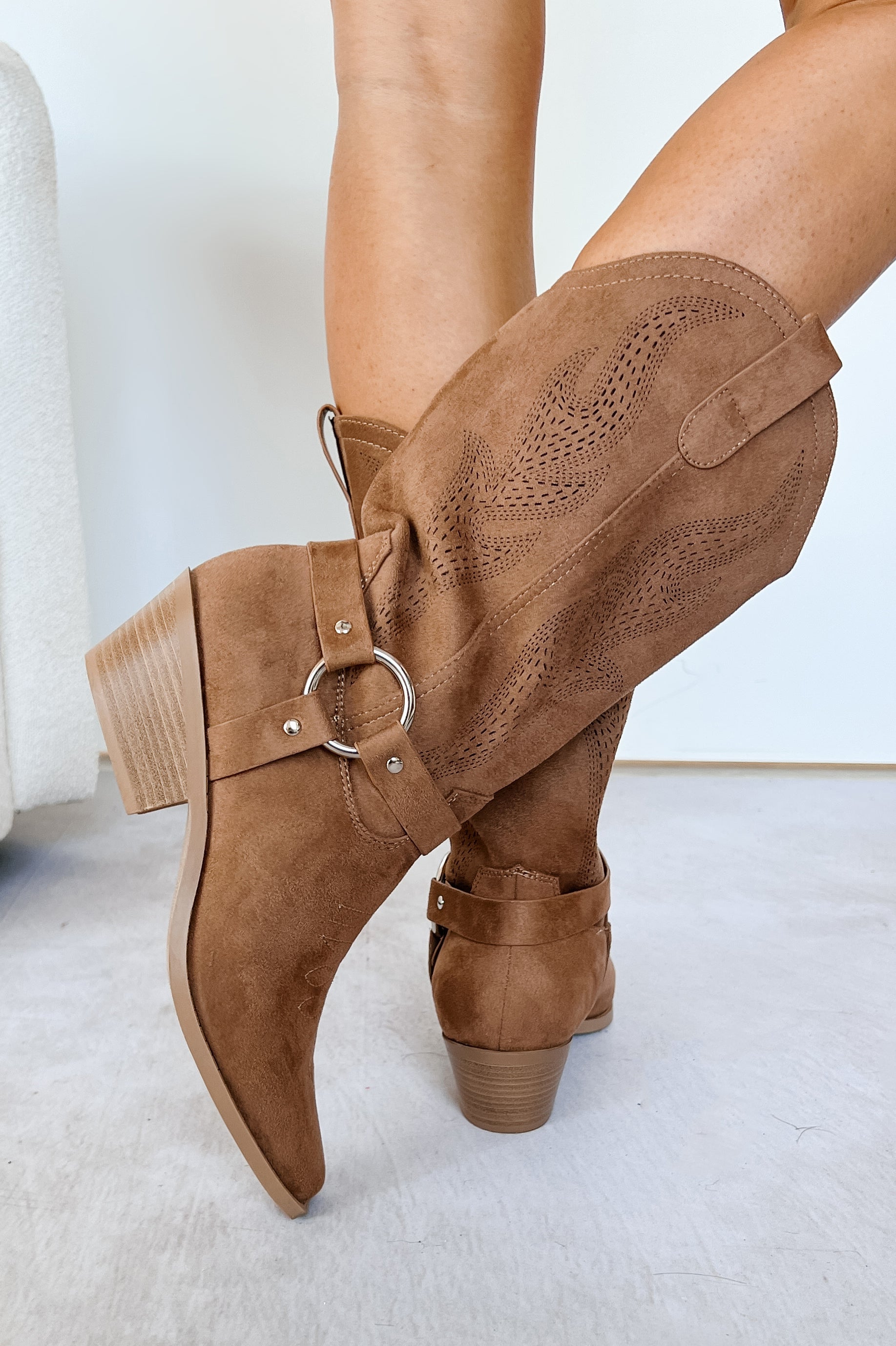 Boots Made For Walkin' Embroidered Suede Boots (Tan)-The Formal Wear