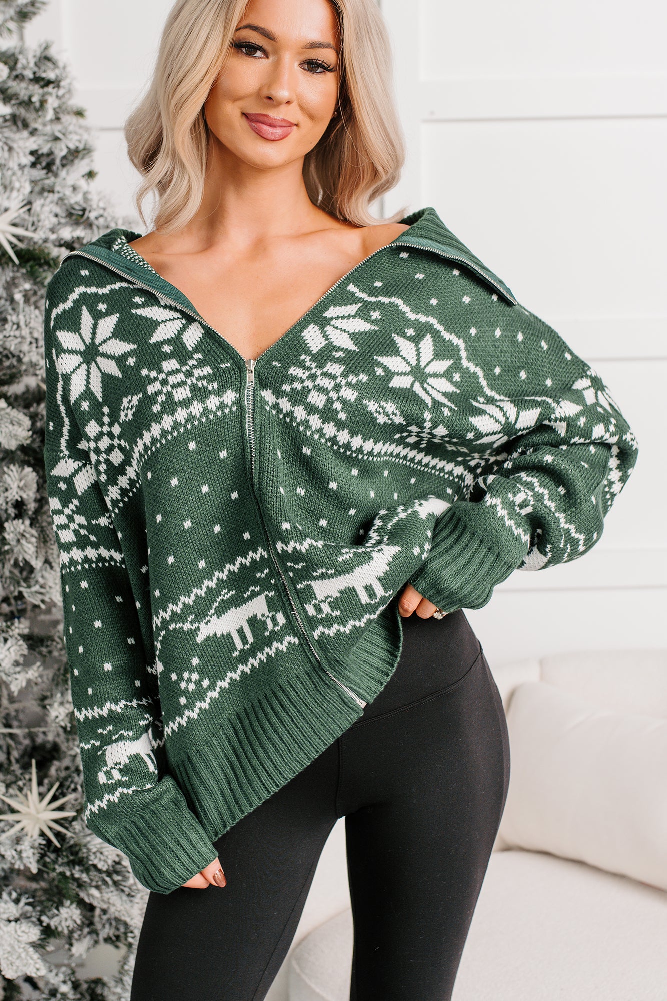 Winter Nest Fair Isle Zip-Up Sweater (Hunter Green)-The Formal Wear