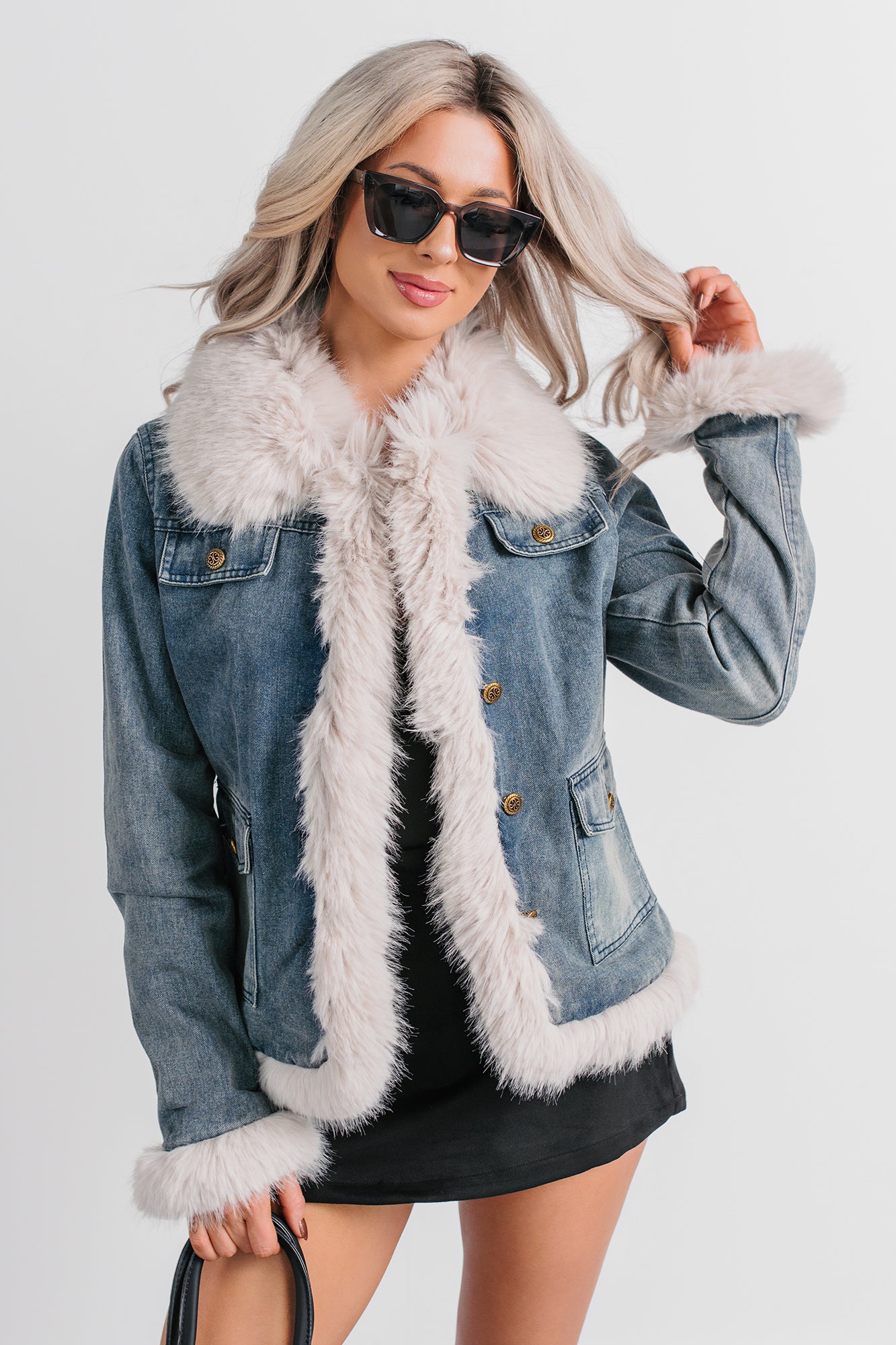 Easy Talker Faux Fur Trim Denim Coat (Denim Blue)-The Formal Wear