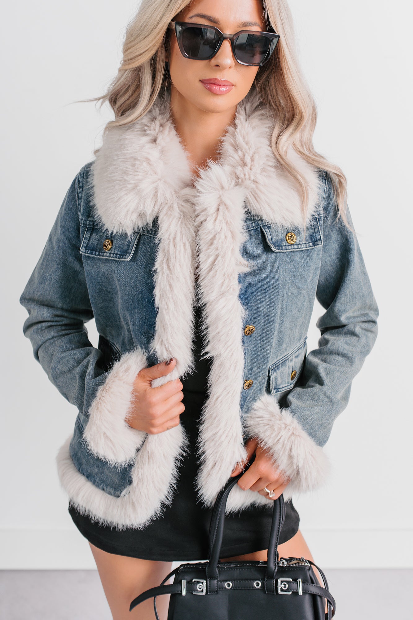Easy Talker Faux Fur Trim Denim Coat (Denim Blue)-The Formal Wear