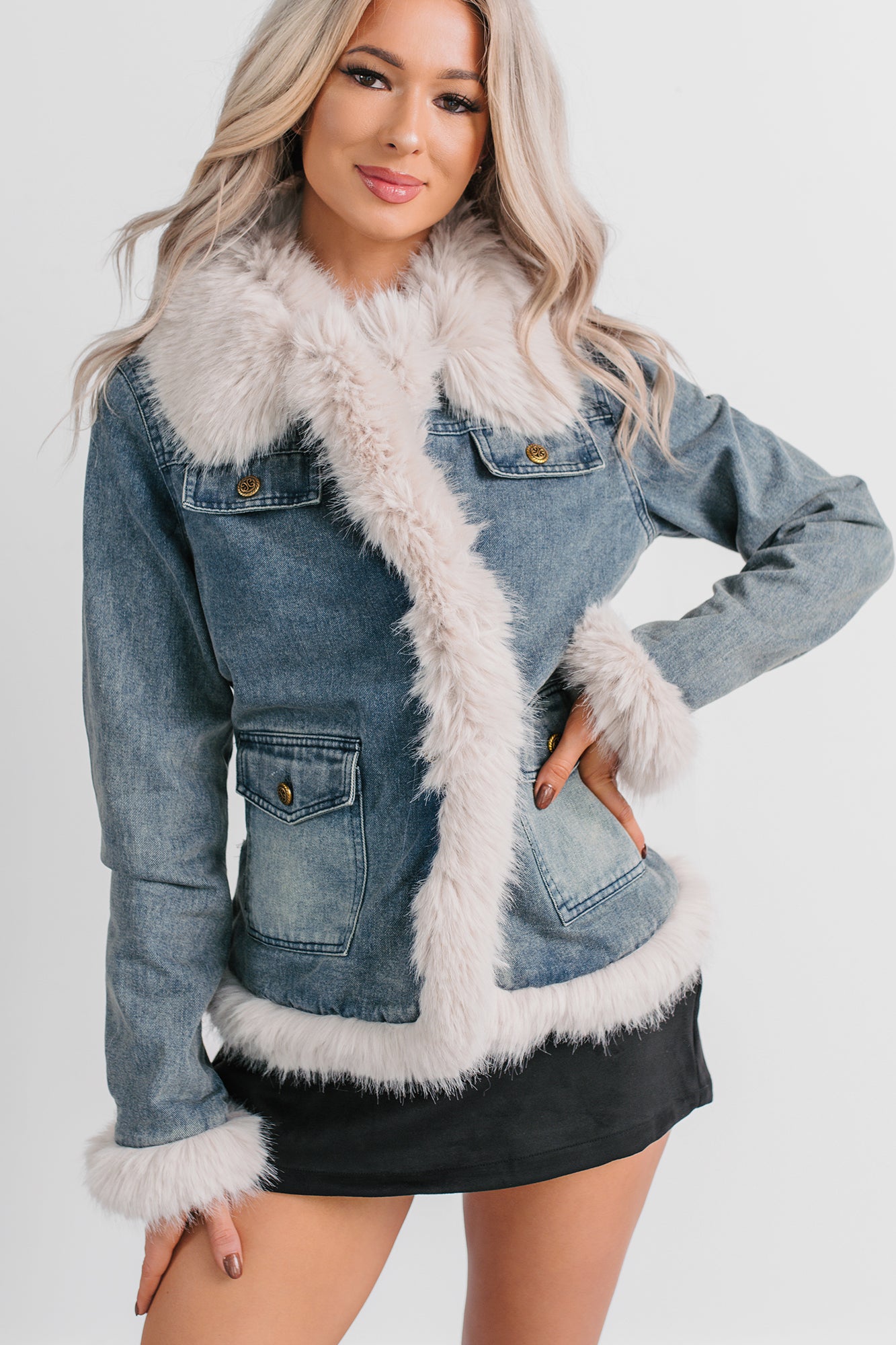 Easy Talker Faux Fur Trim Denim Coat (Denim Blue)-The Formal Wear