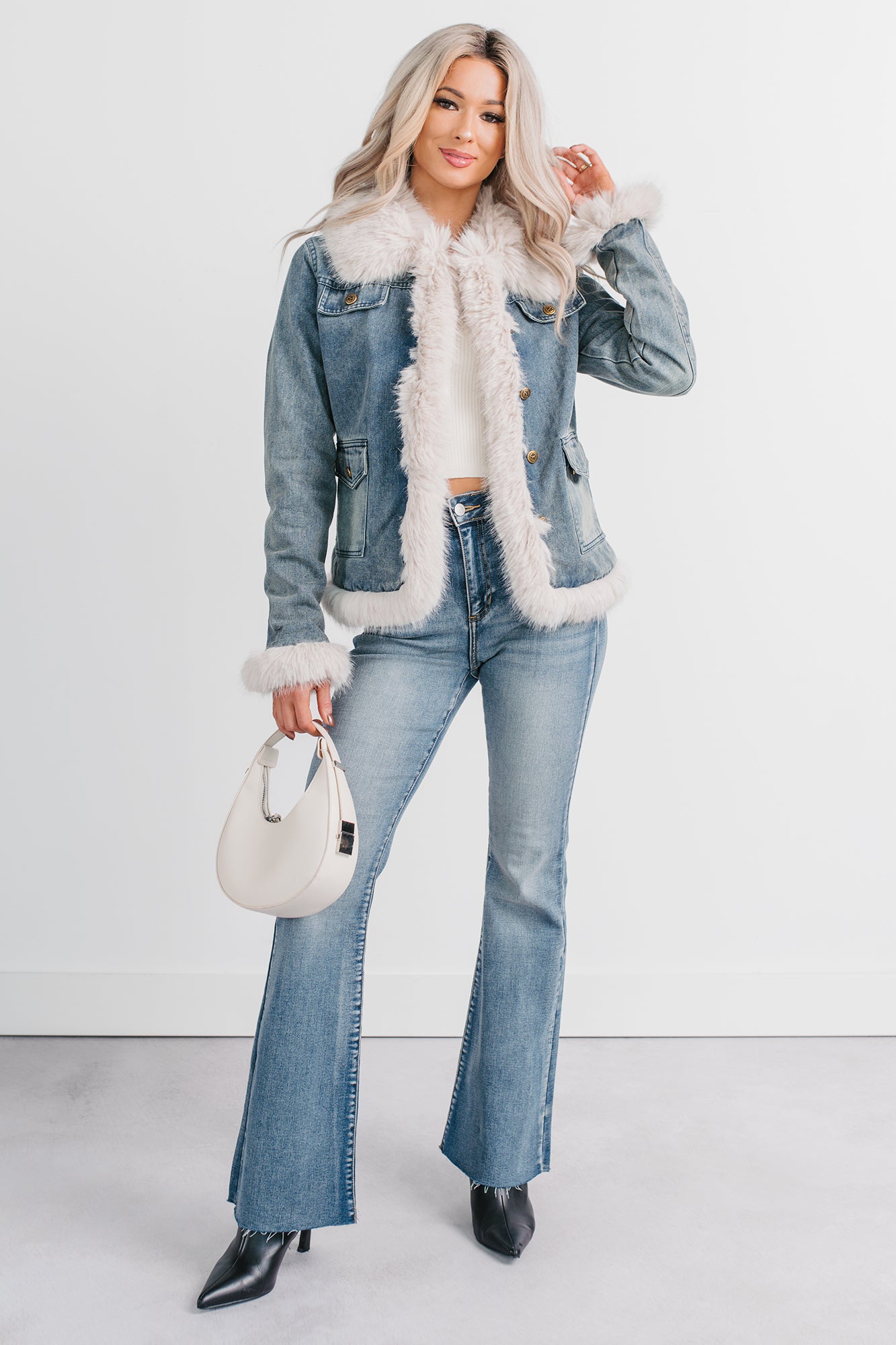 Easy Talker Faux Fur Trim Denim Coat (Denim Blue)-The Formal Wear