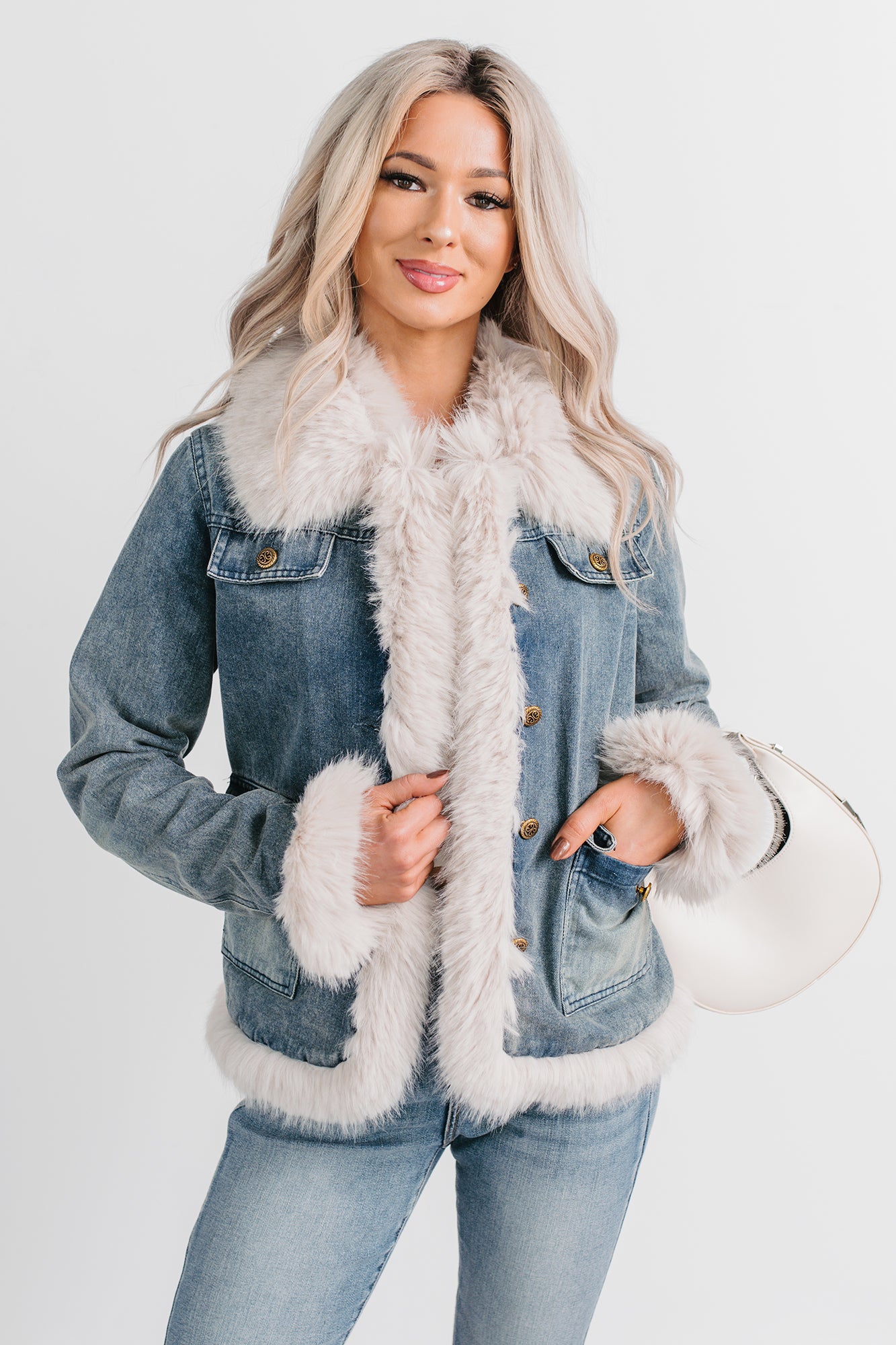 Easy Talker Faux Fur Trim Denim Coat (Denim Blue)-The Formal Wear