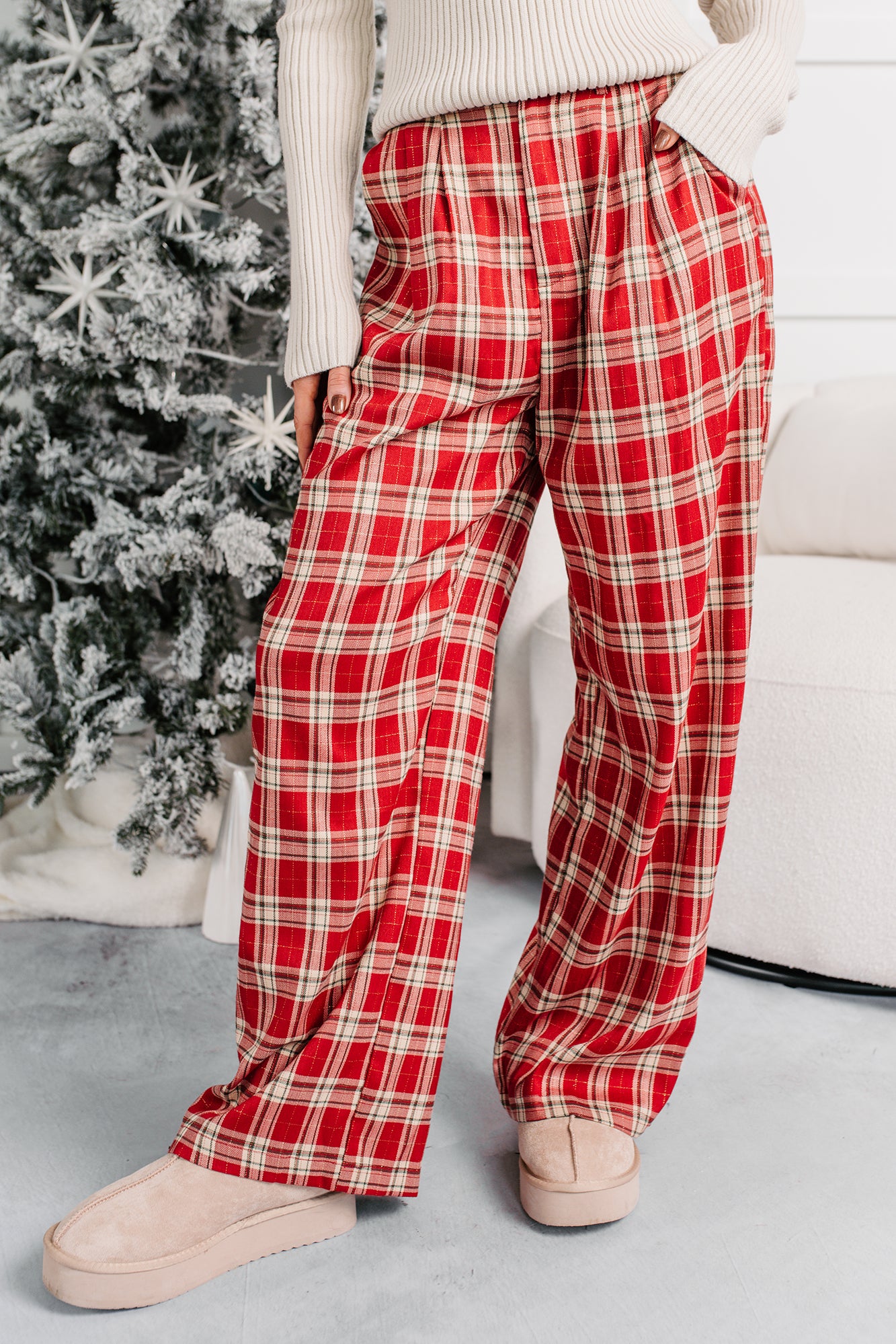 Festive Fun Plaid Wide Leg Pants (Red/Multi)-The Formal Wear