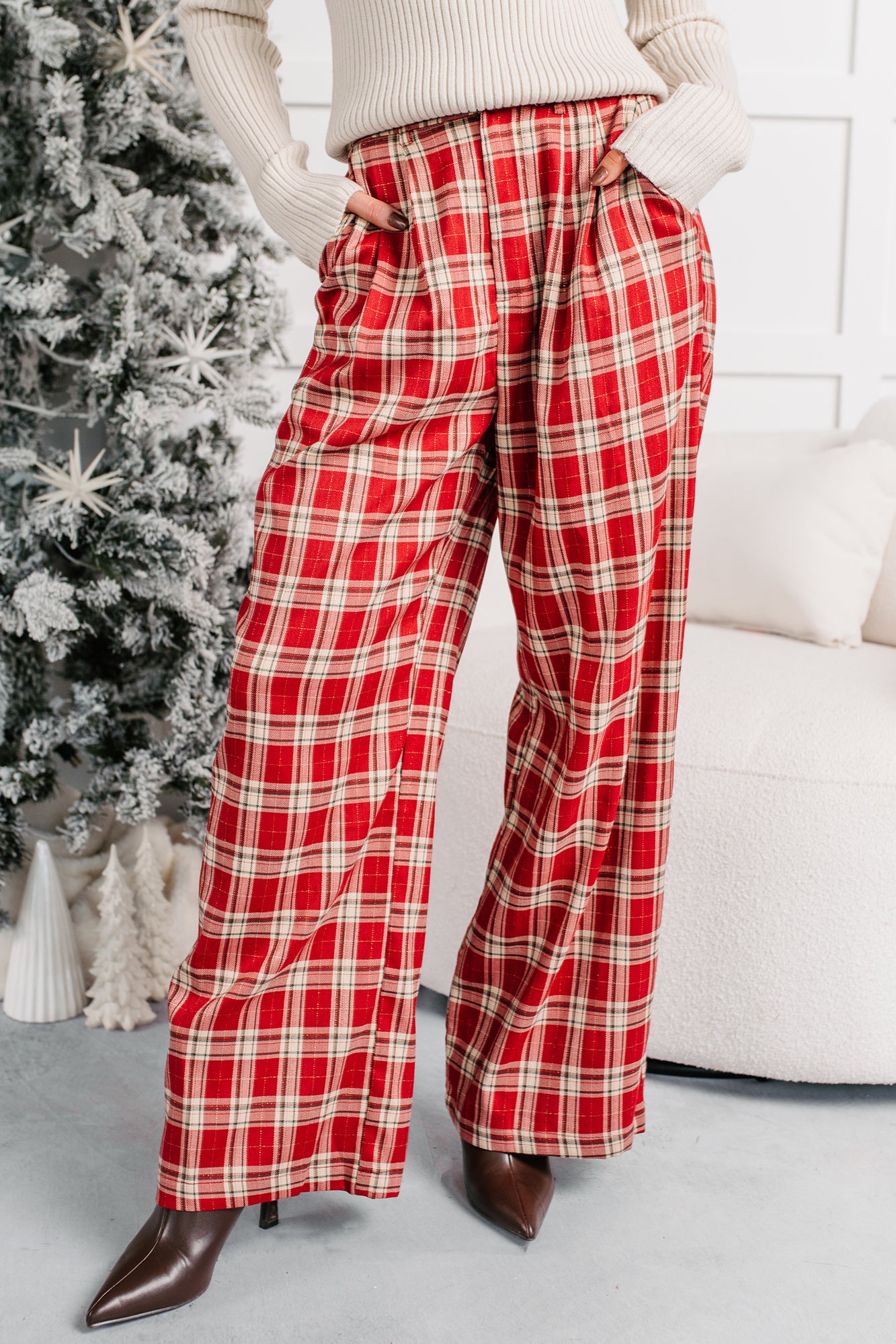 Festive Fun Plaid Wide Leg Pants (Red/Multi)-The Formal Wear