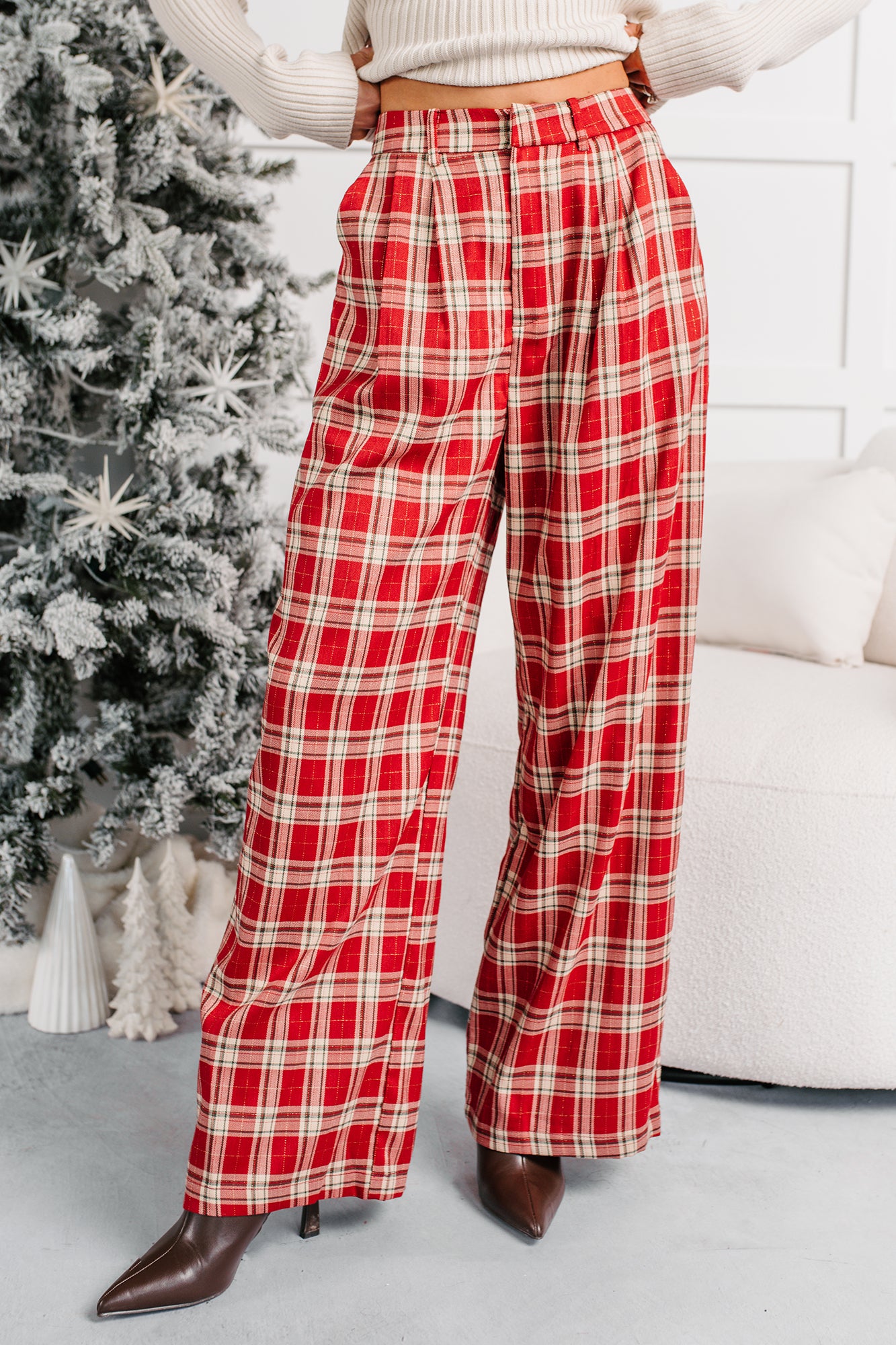 Festive Fun Plaid Wide Leg Pants (Red/Multi)-The Formal Wear