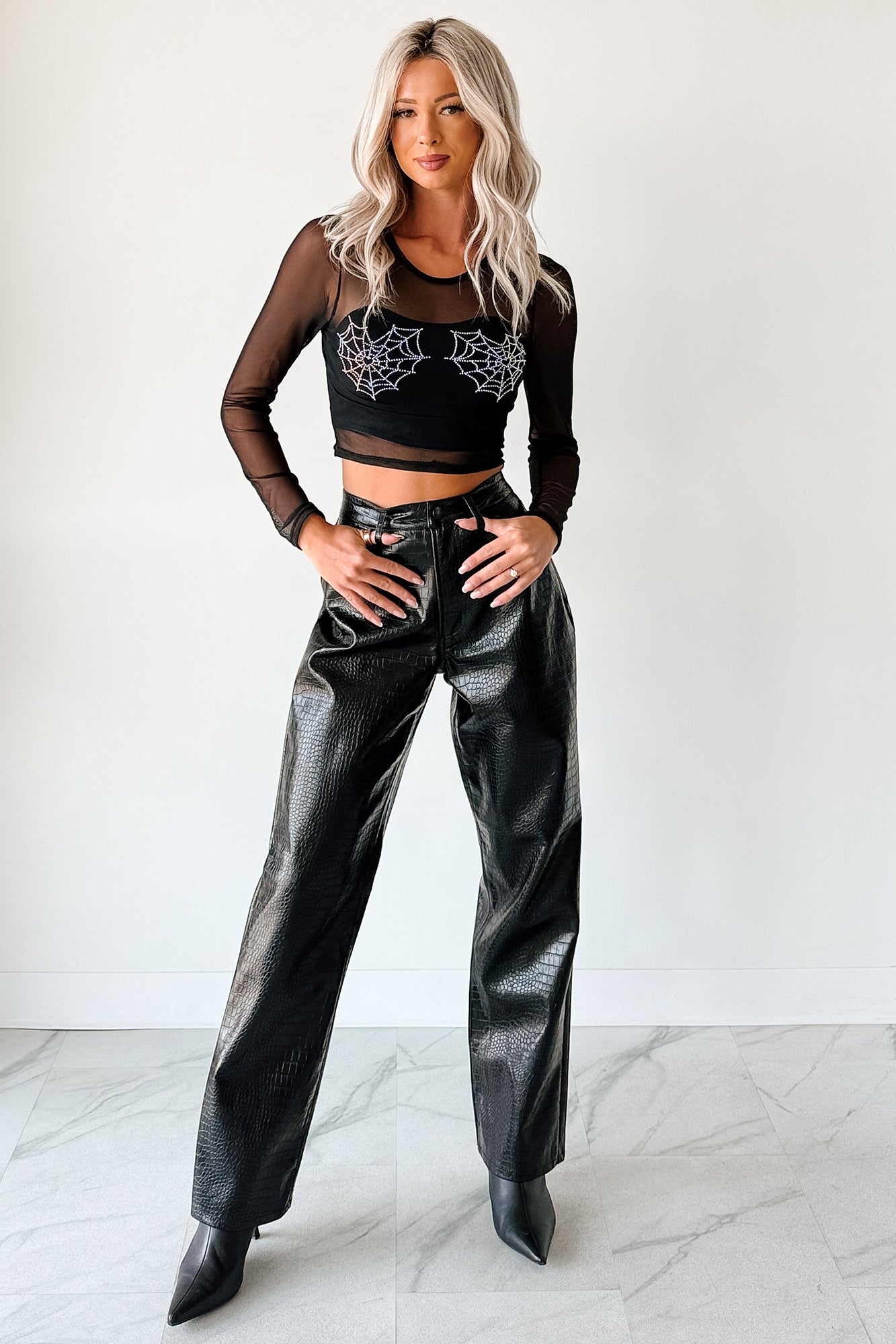 Crocodile Tears Faux Croc Straight Leg Pants (Black PU)-The Formal Wear