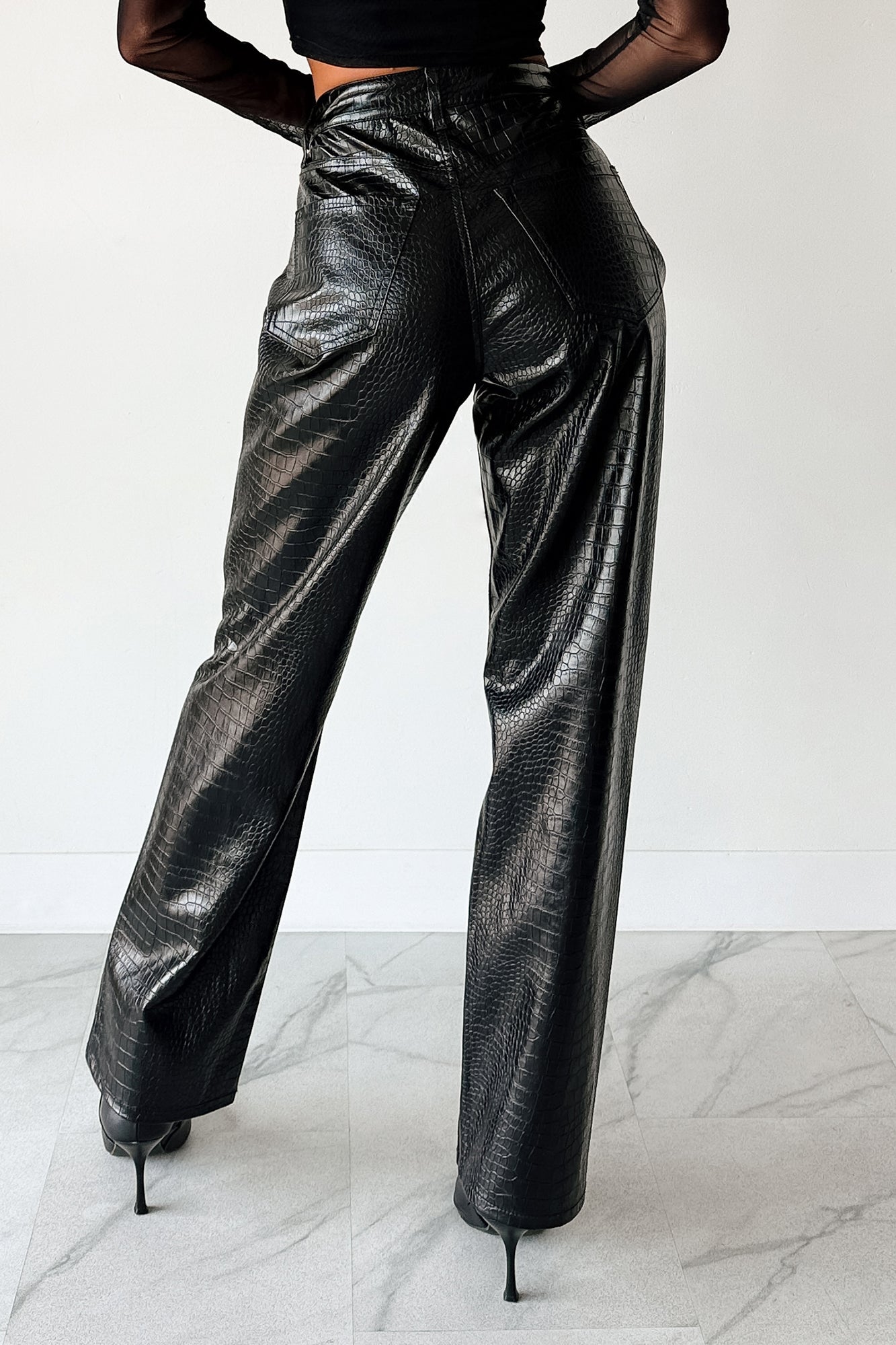 Crocodile Tears Faux Croc Straight Leg Pants (Black PU)-The Formal Wear