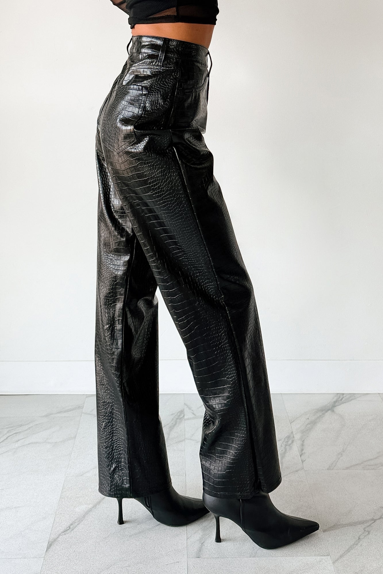 Crocodile Tears Faux Croc Straight Leg Pants (Black PU)-The Formal Wear