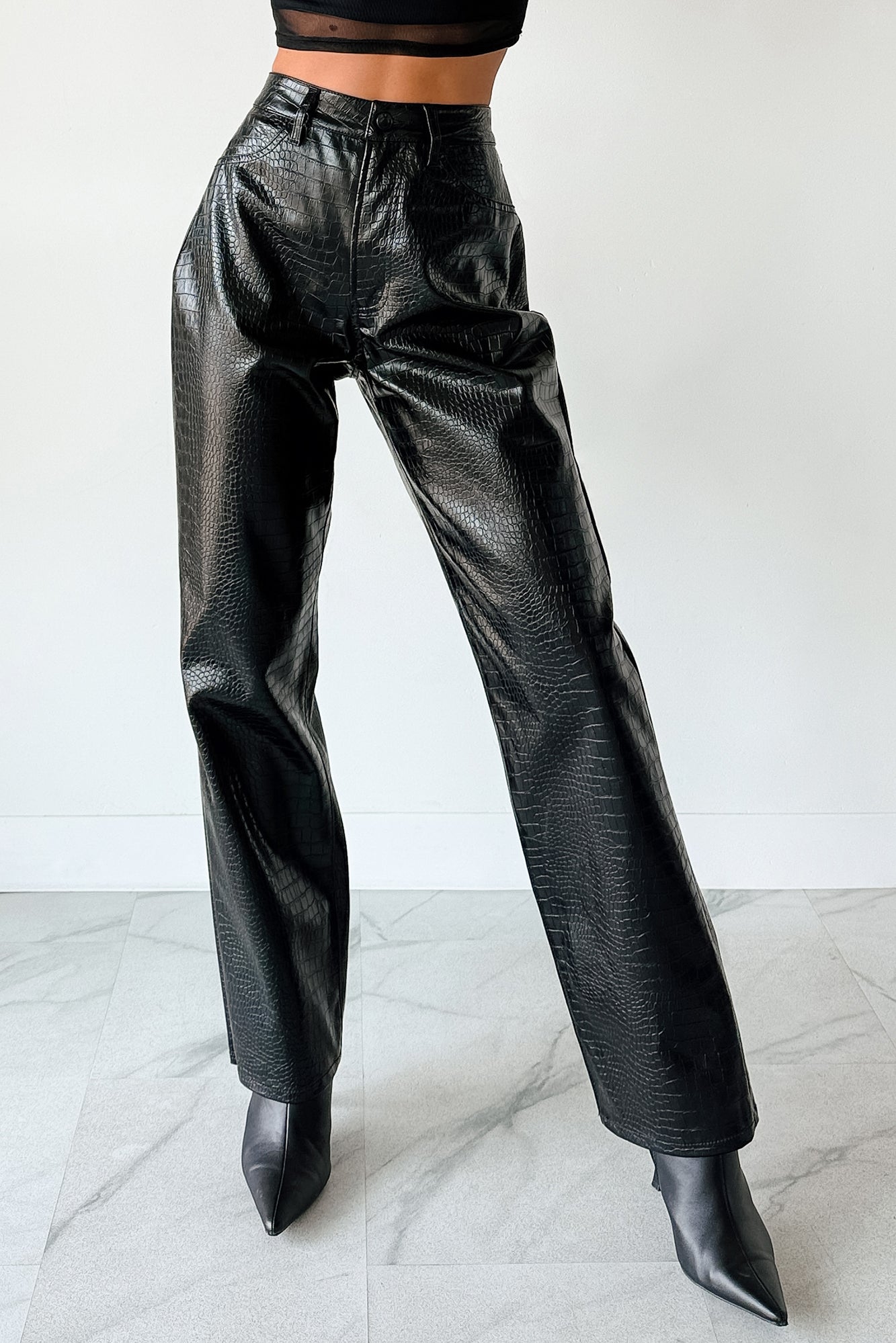 Crocodile Tears Faux Croc Straight Leg Pants (Black PU)-The Formal Wear