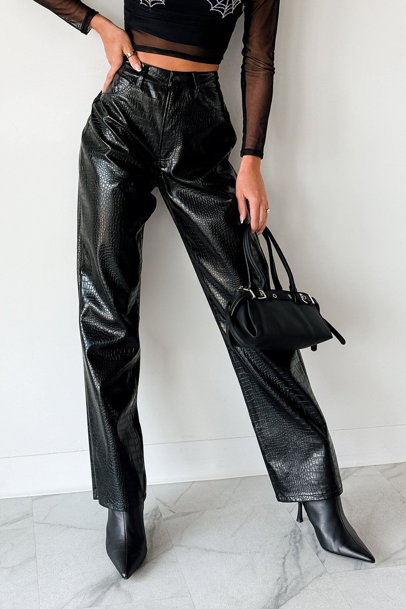 Crocodile Tears Faux Croc Straight Leg Pants (Black PU)-The Formal Wear