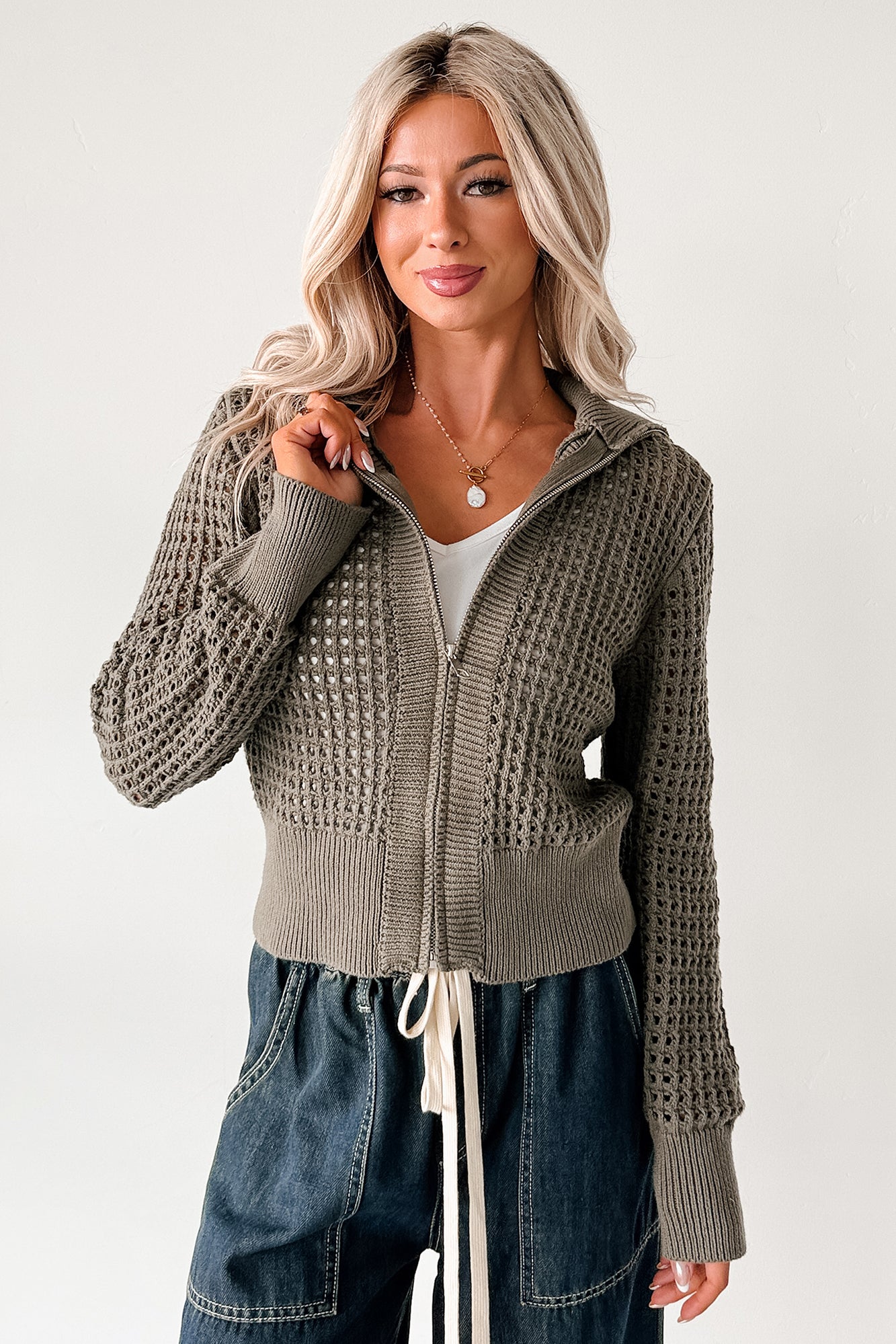Whispered Words Zip-Up Sweater Jacket (Olive)-The Formal Wear