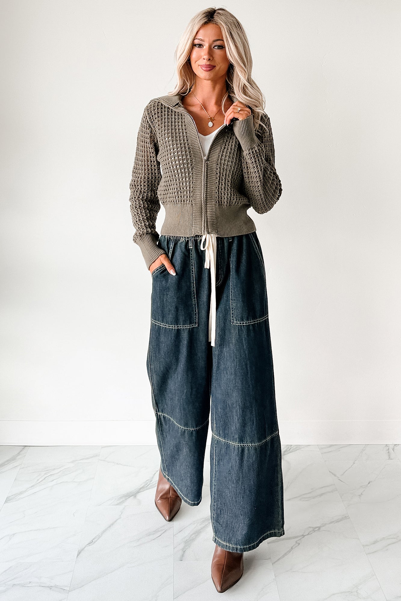 Chill Energy Wide Leg Drawstring Pants (Grey Denim)-The Formal Wear
