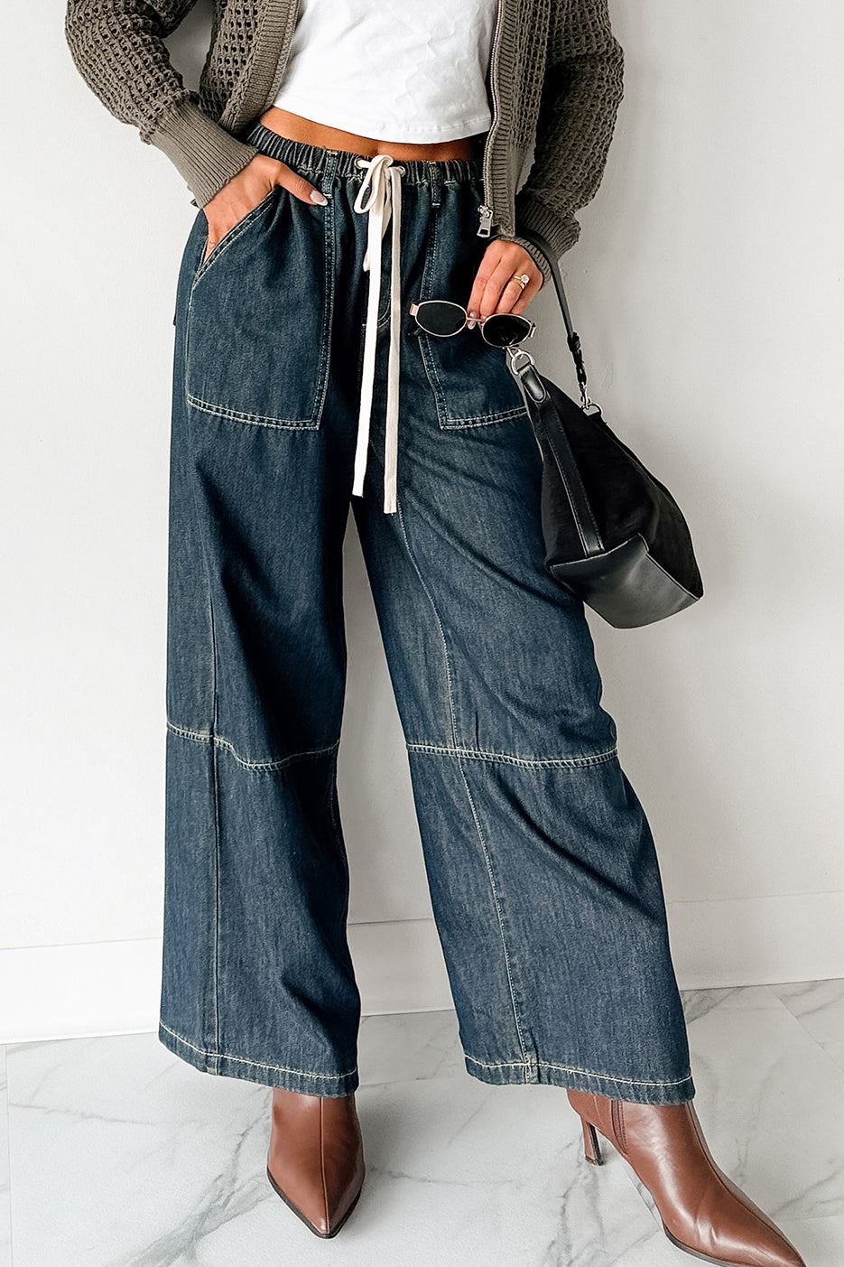 Chill Energy Wide Leg Drawstring Pants (Grey Denim)-The Formal Wear