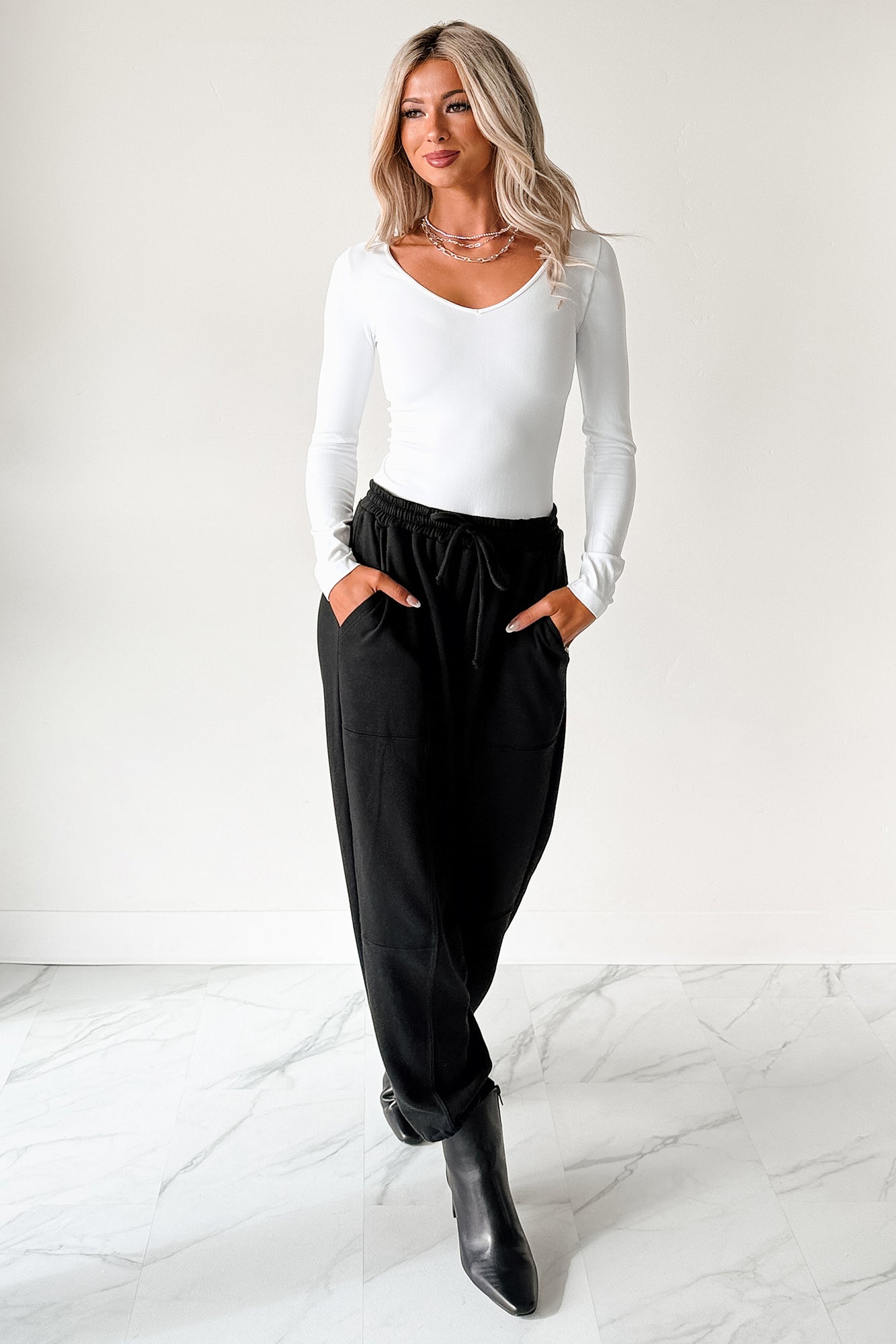 Everyday Lovely V Neck Long Sleeve Bodysuit (White)-The Formal Wear