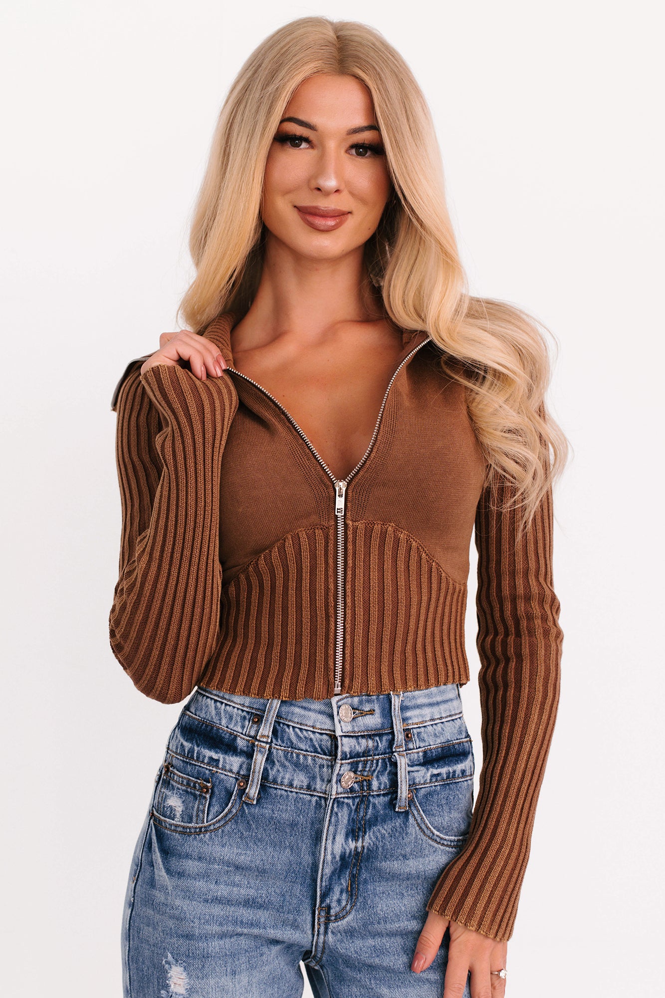 Do It Different Zip-Up Sweater Jacket (Mocha)-The Formal Wear