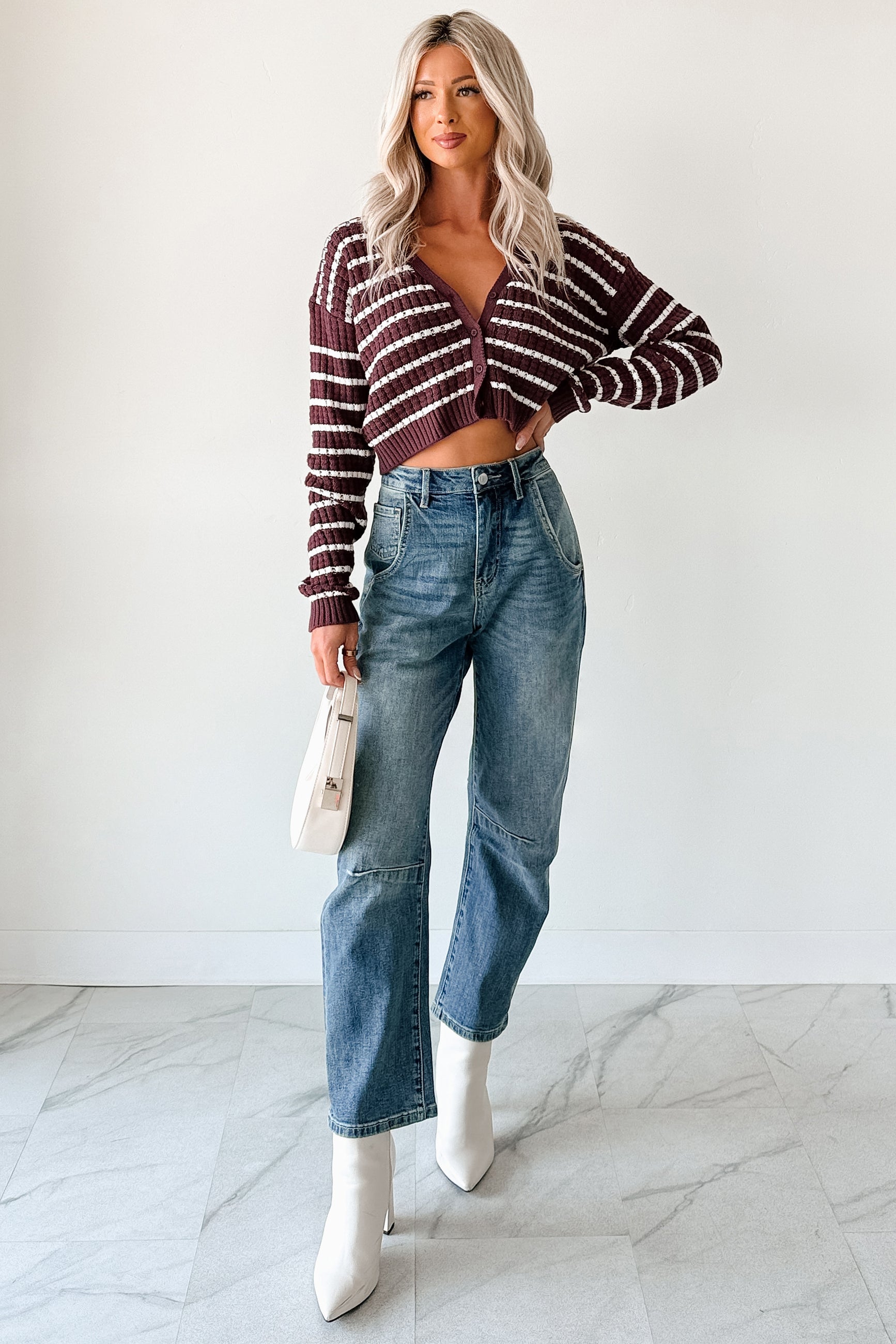 Relax & Flow Striped V Neck Cardigan Top (Dark Cherry/White)-The Formal Wear