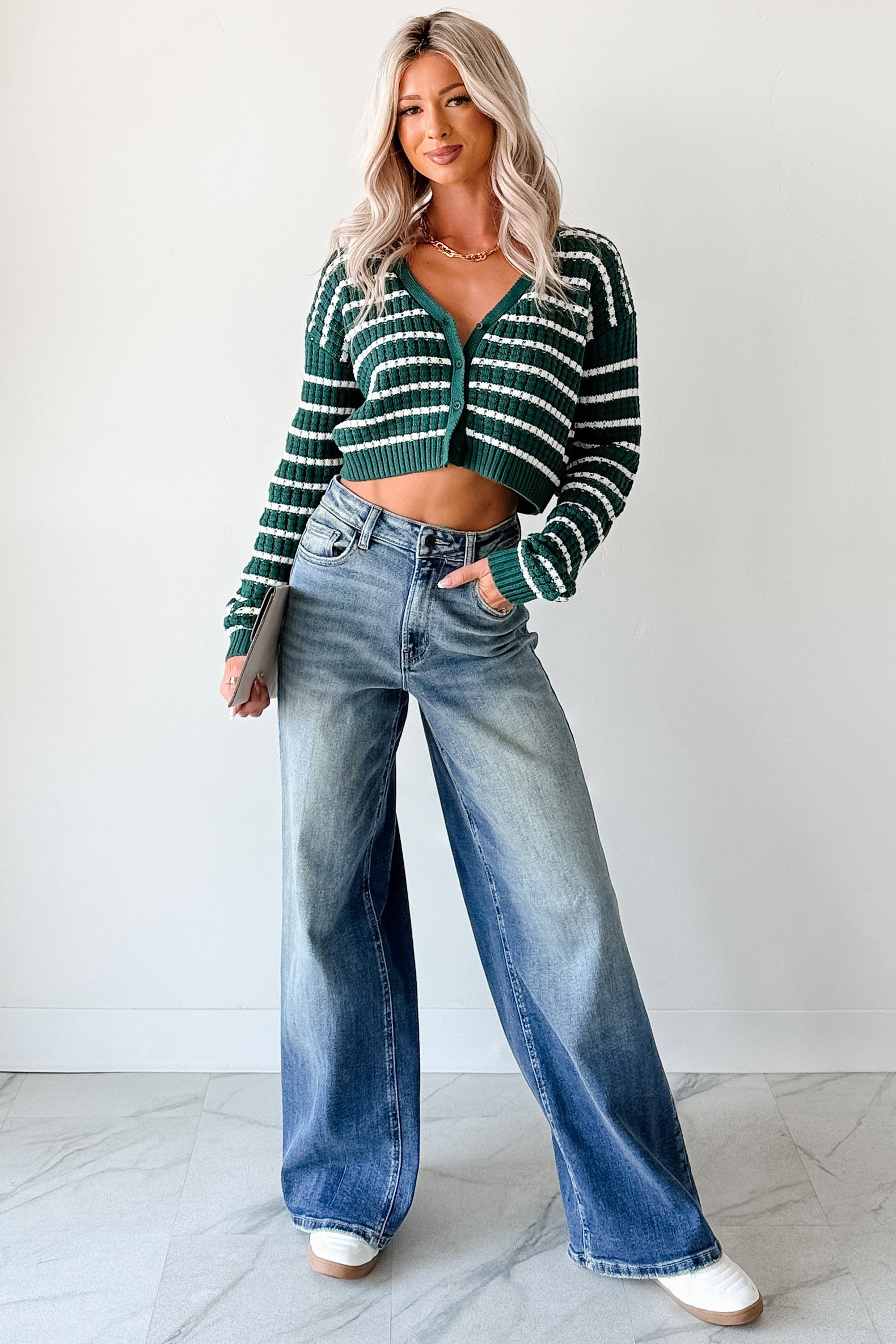 Relax & Flow Striped V Neck Cardigan Top (Dark Green/White)-The Formal Wear