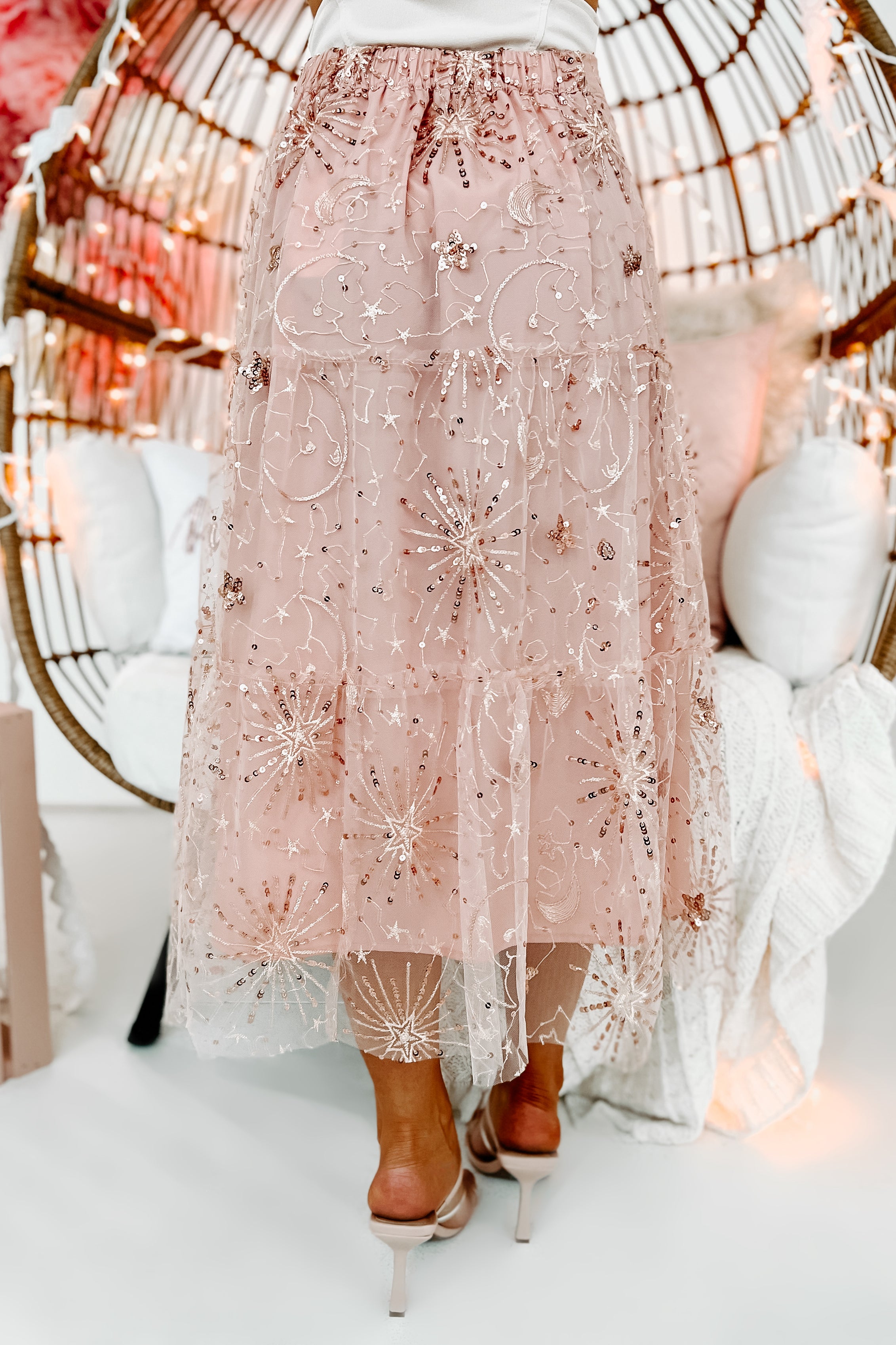 Shoot For The Stars Sequin Tulle Midi Skirt (Pink)-The Formal Wear