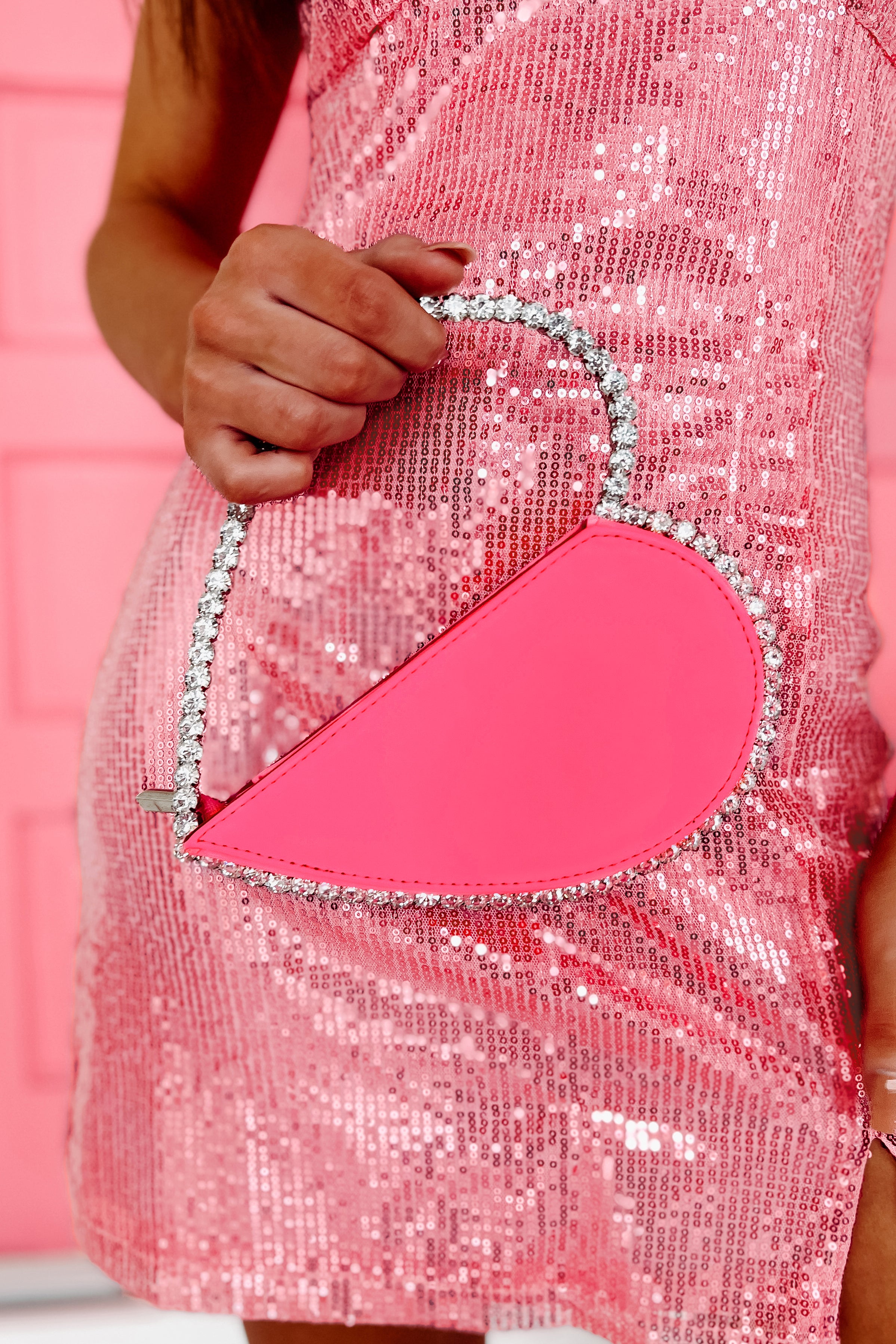 Heart On Your Sleeve Rhinestone Heart Clutch (Neon Pink)-The Formal Wear