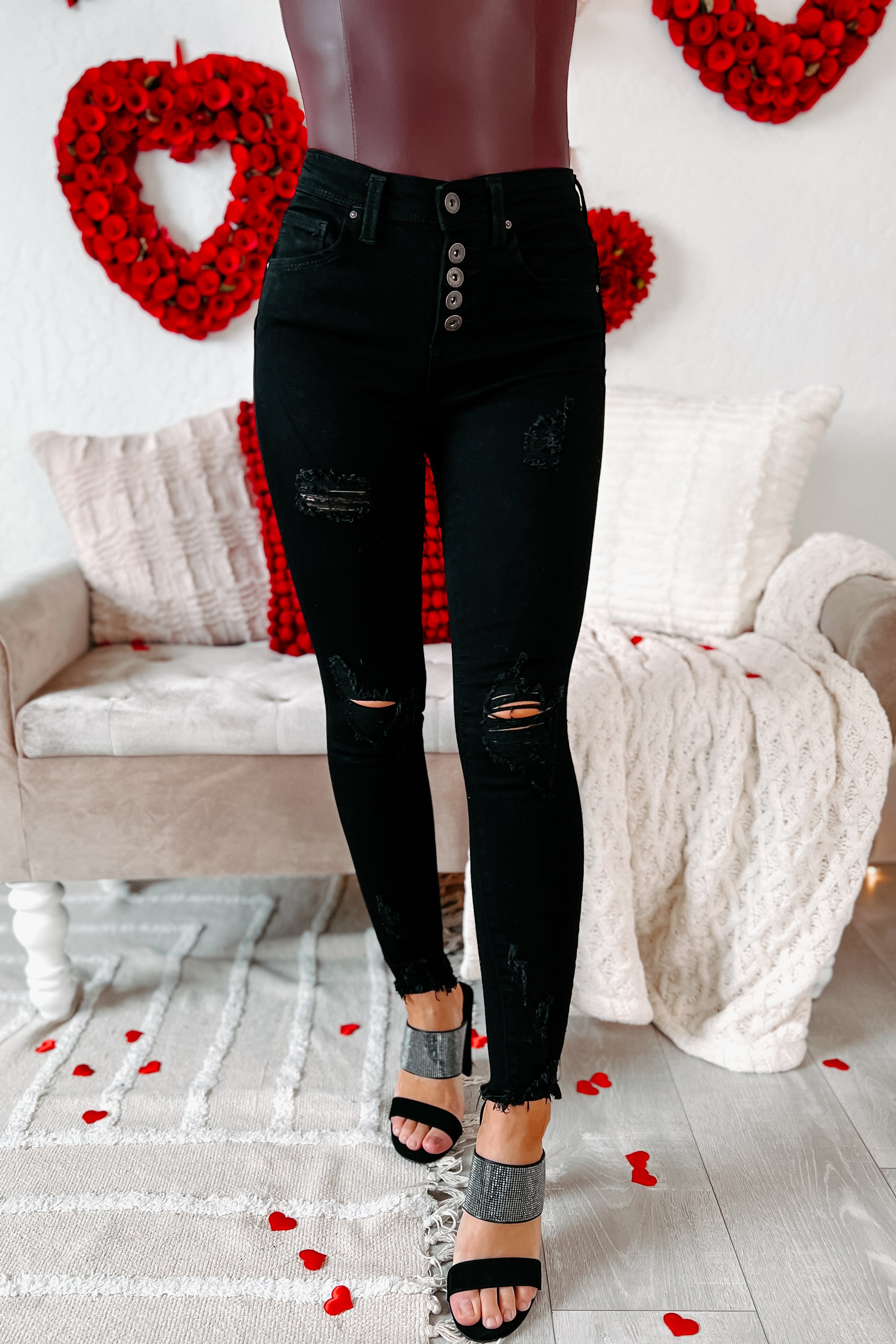 She's Bad High Rise Button-Fly Distressed Skinny Jeans (Black)-The Formal Wear