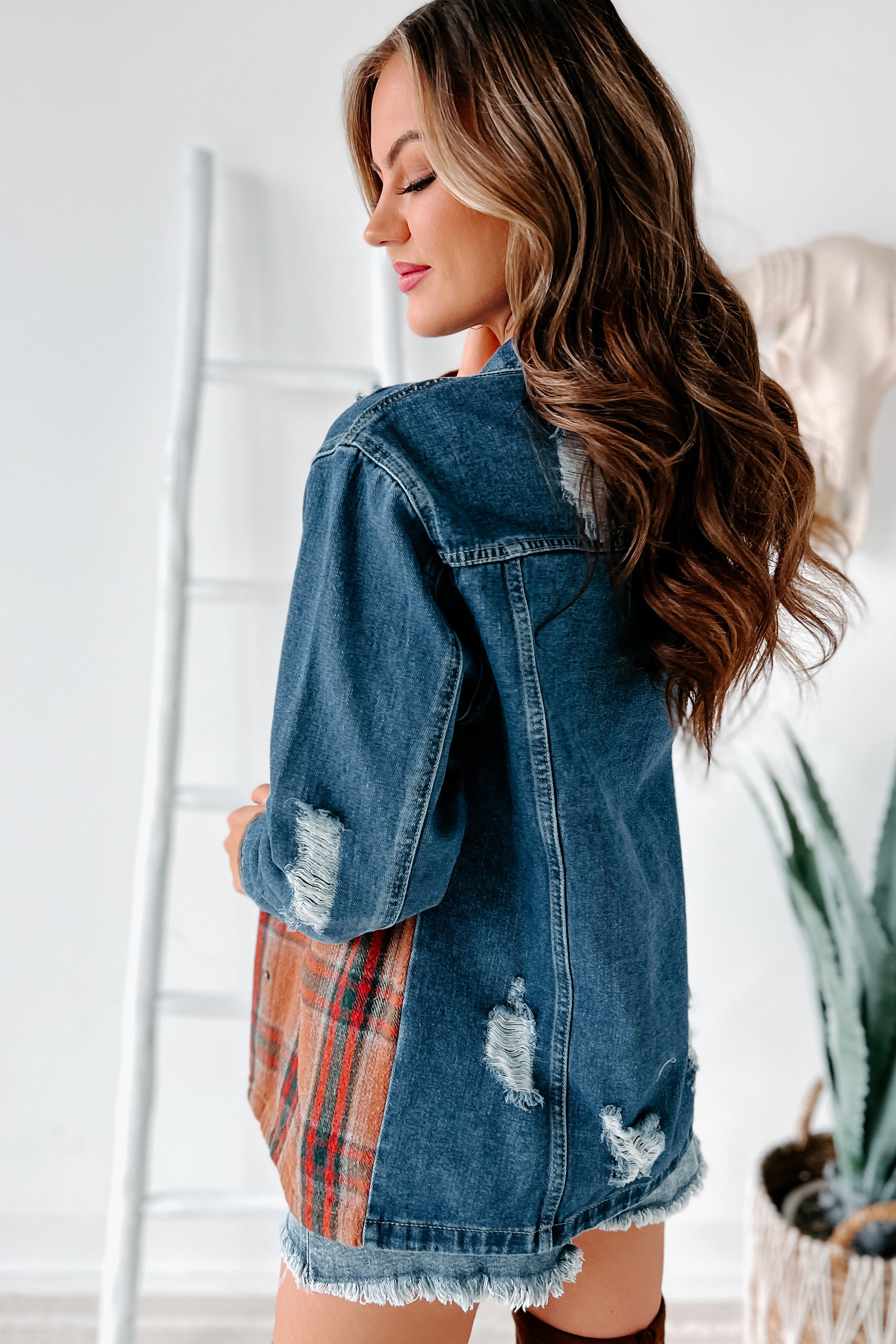 Escape The Ordinary Colorblock Plaid Denim Jacket (Denim Rust)-The Formal Wear