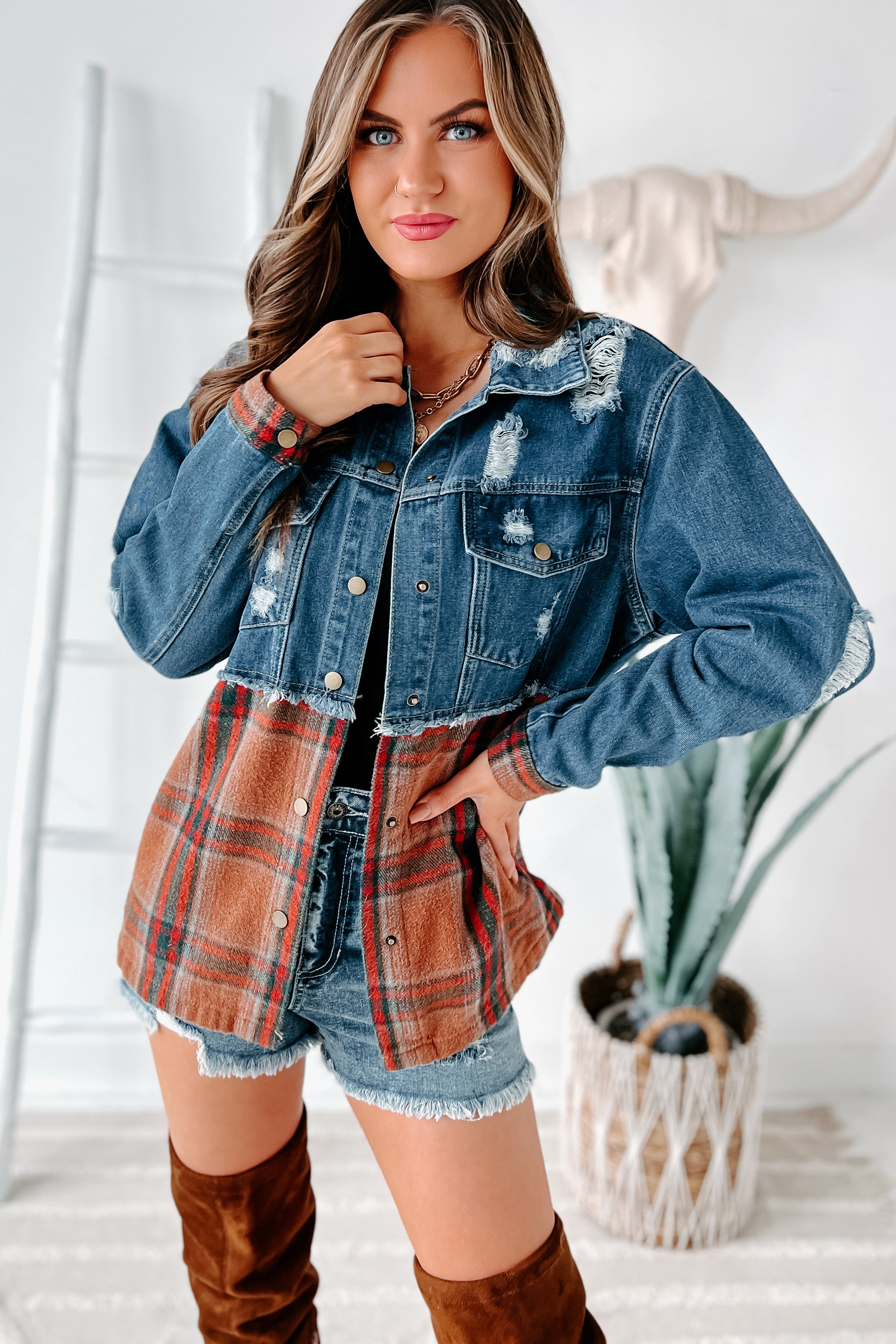 Escape The Ordinary Colorblock Plaid Denim Jacket (Denim Rust)-The Formal Wear