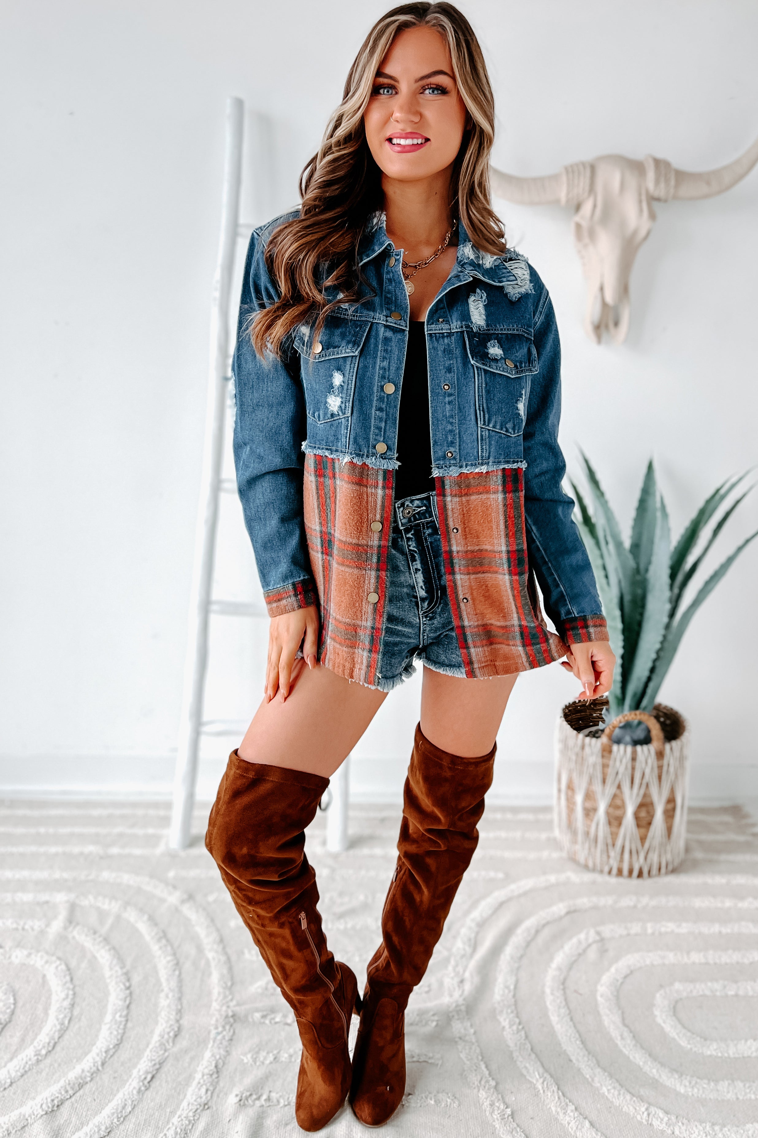 Escape The Ordinary Colorblock Plaid Denim Jacket (Denim Rust)-The Formal Wear
