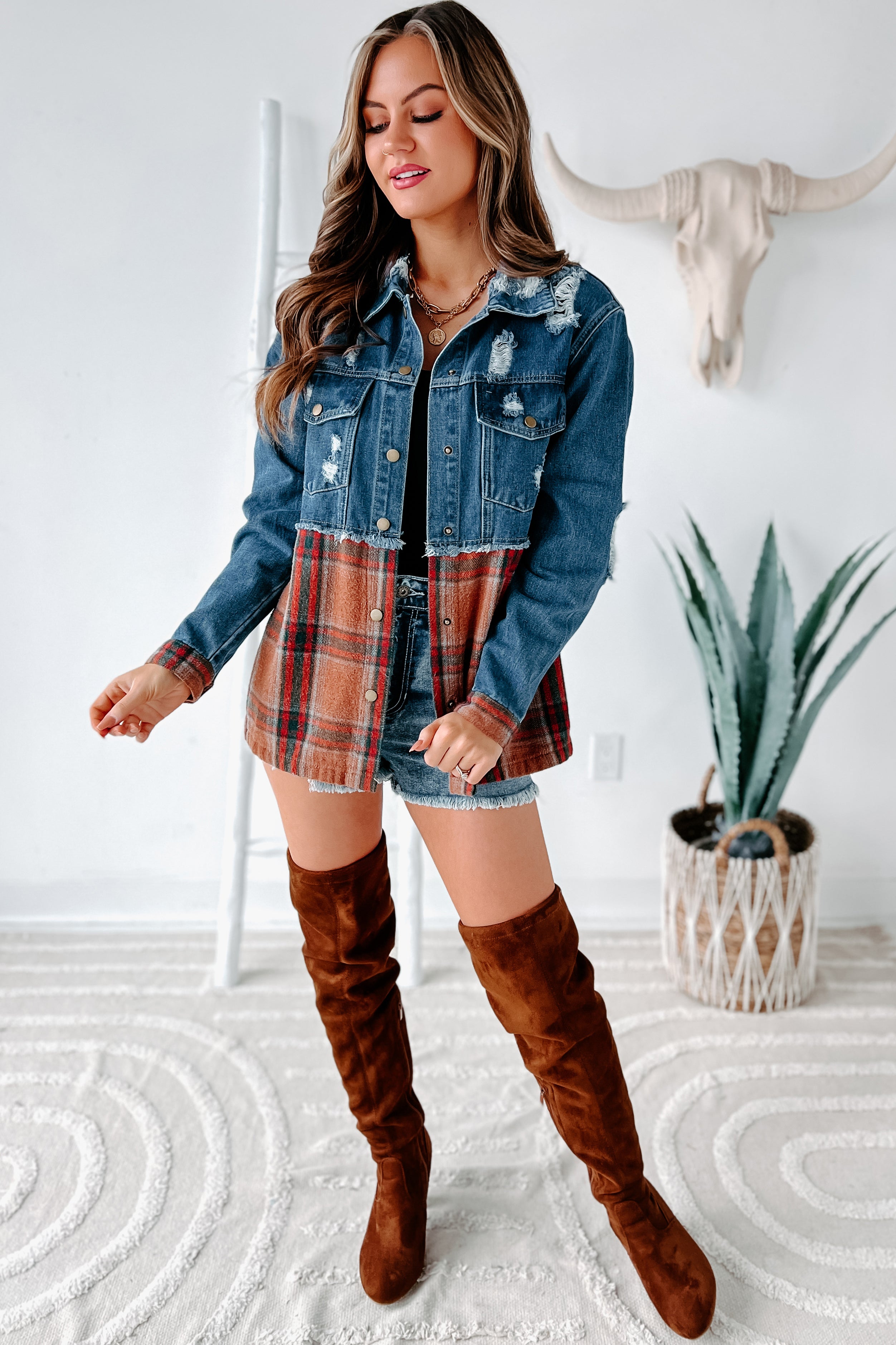 Escape The Ordinary Colorblock Plaid Denim Jacket (Denim Rust)-The Formal Wear