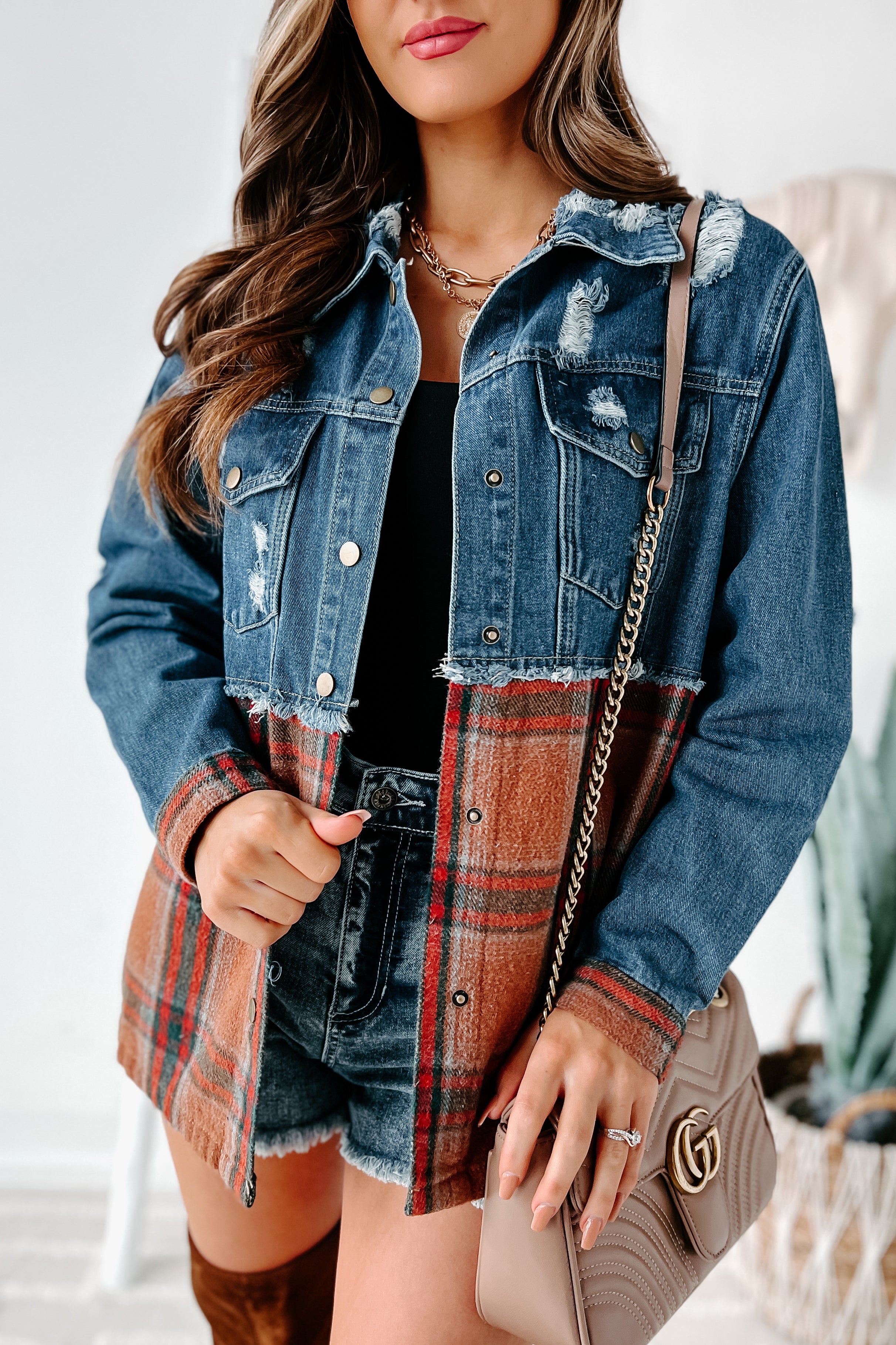 Escape The Ordinary Colorblock Plaid Denim Jacket (Denim Rust)-The Formal Wear