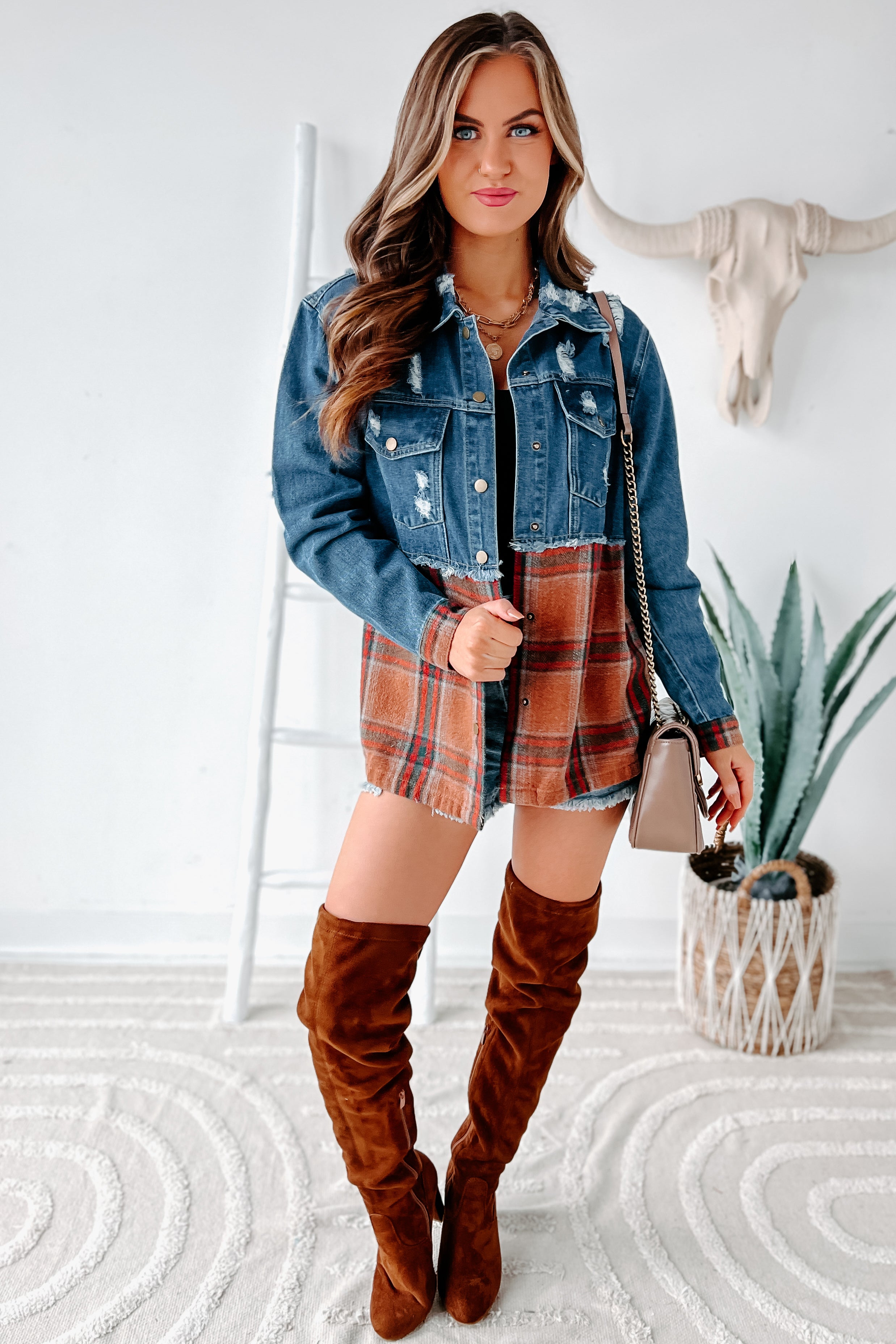 Escape The Ordinary Colorblock Plaid Denim Jacket (Denim Rust)-The Formal Wear