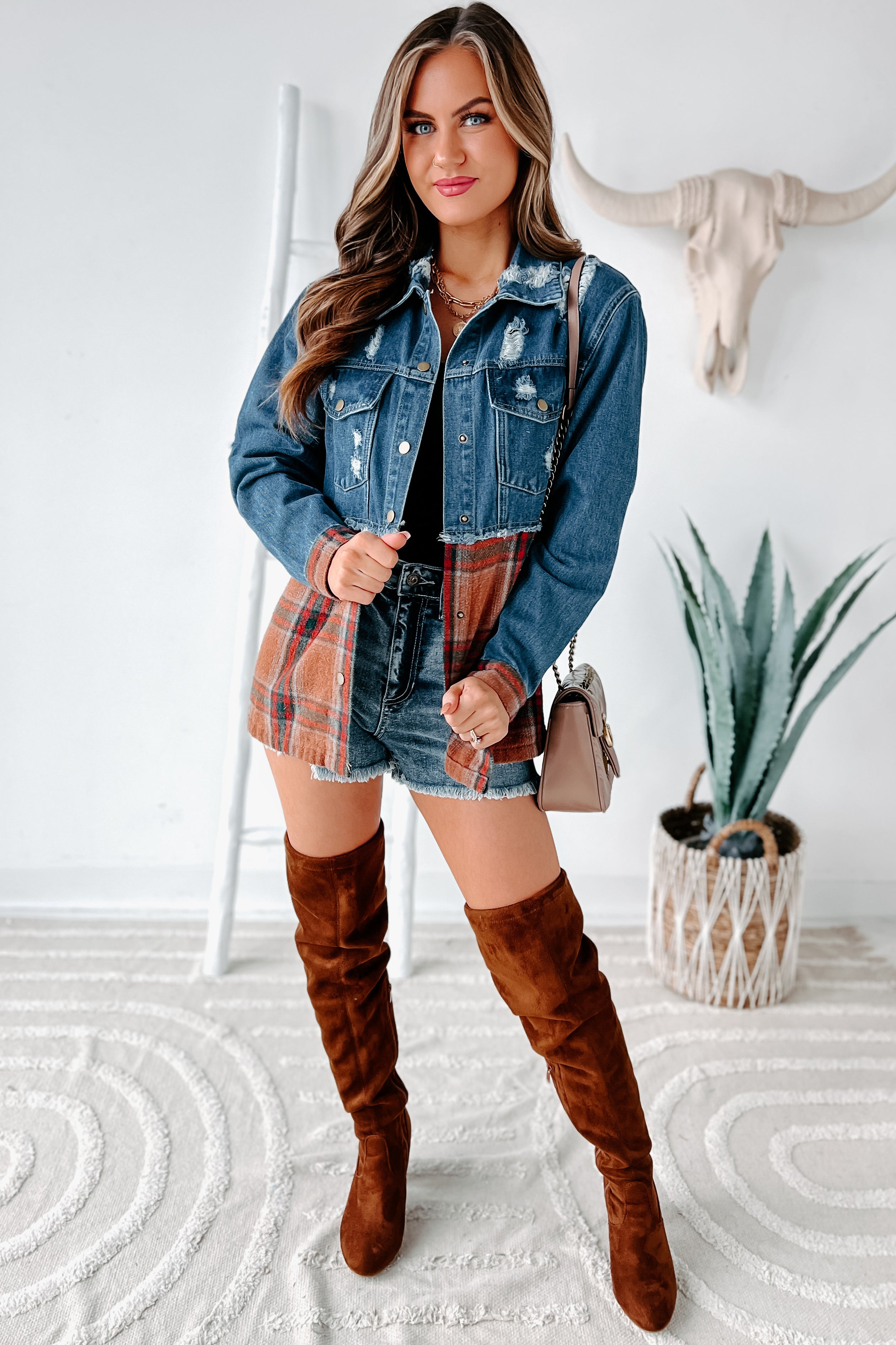 Escape The Ordinary Colorblock Plaid Denim Jacket (Denim Rust)-The Formal Wear