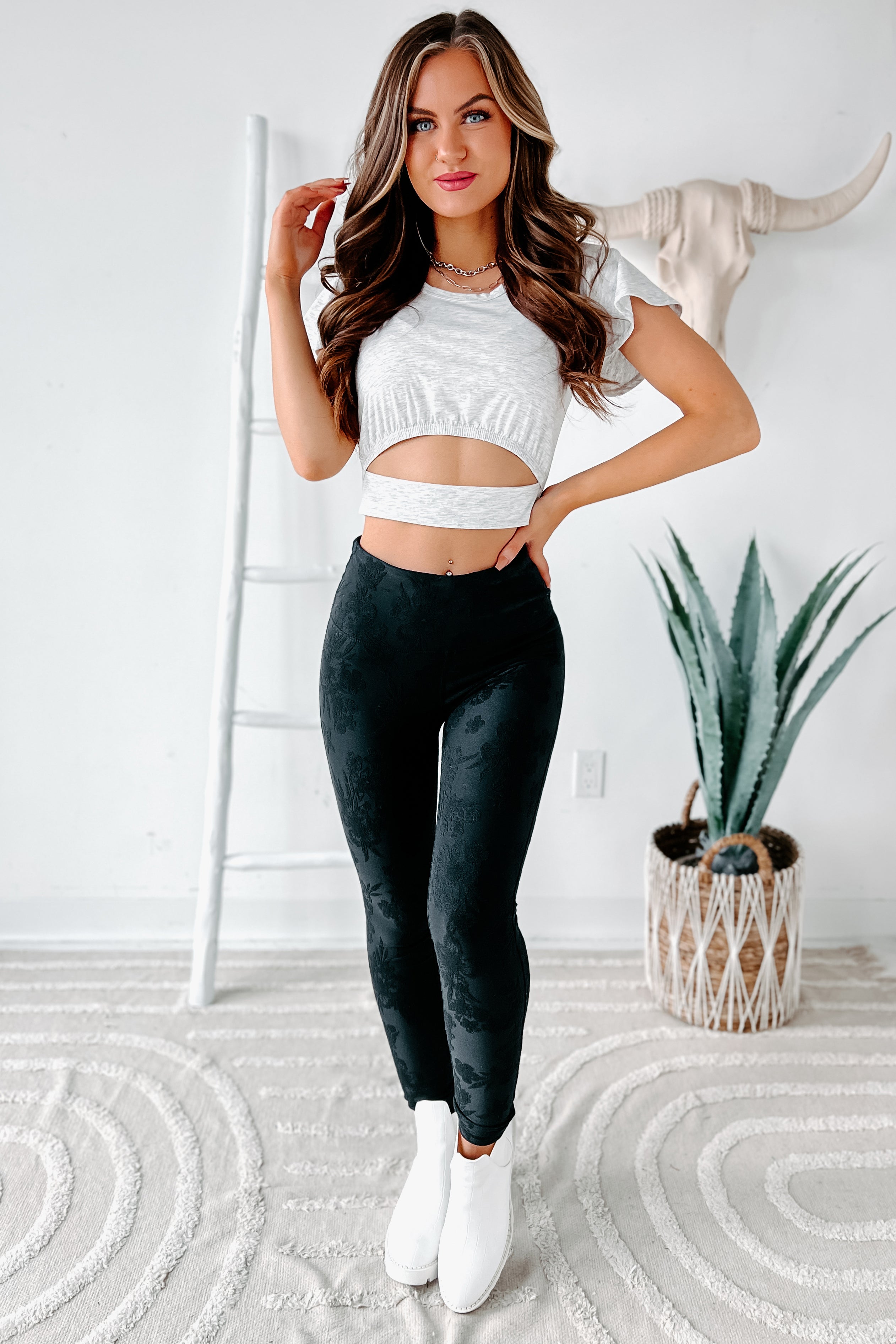 Simply Irresistible Short Sleeve Cut-Out Crop Top (Light Heather Grey)-The Formal Wear