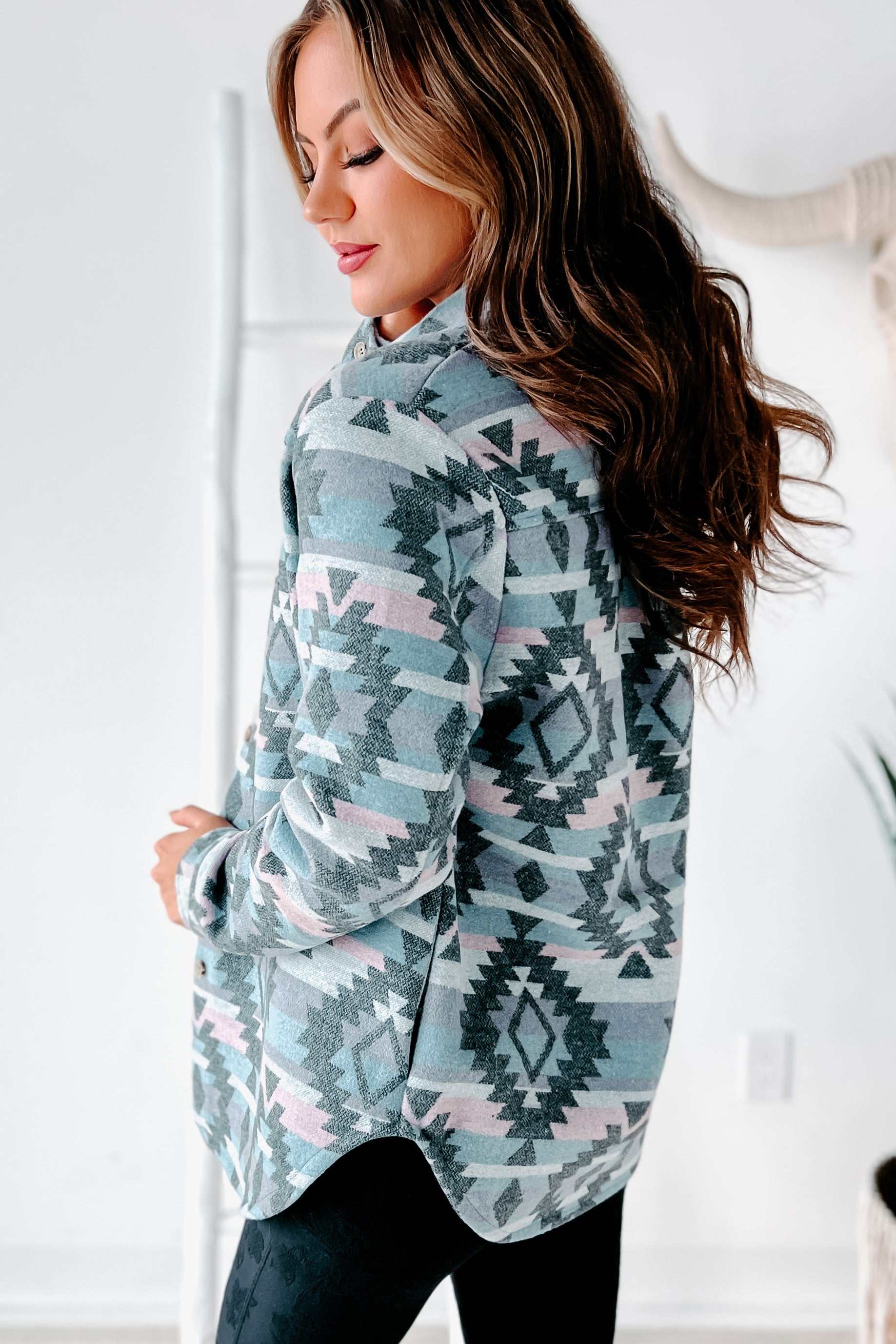 Seeking The Great Plains Aztec Shacket (Pastel Blue/Pink)-The Formal Wear