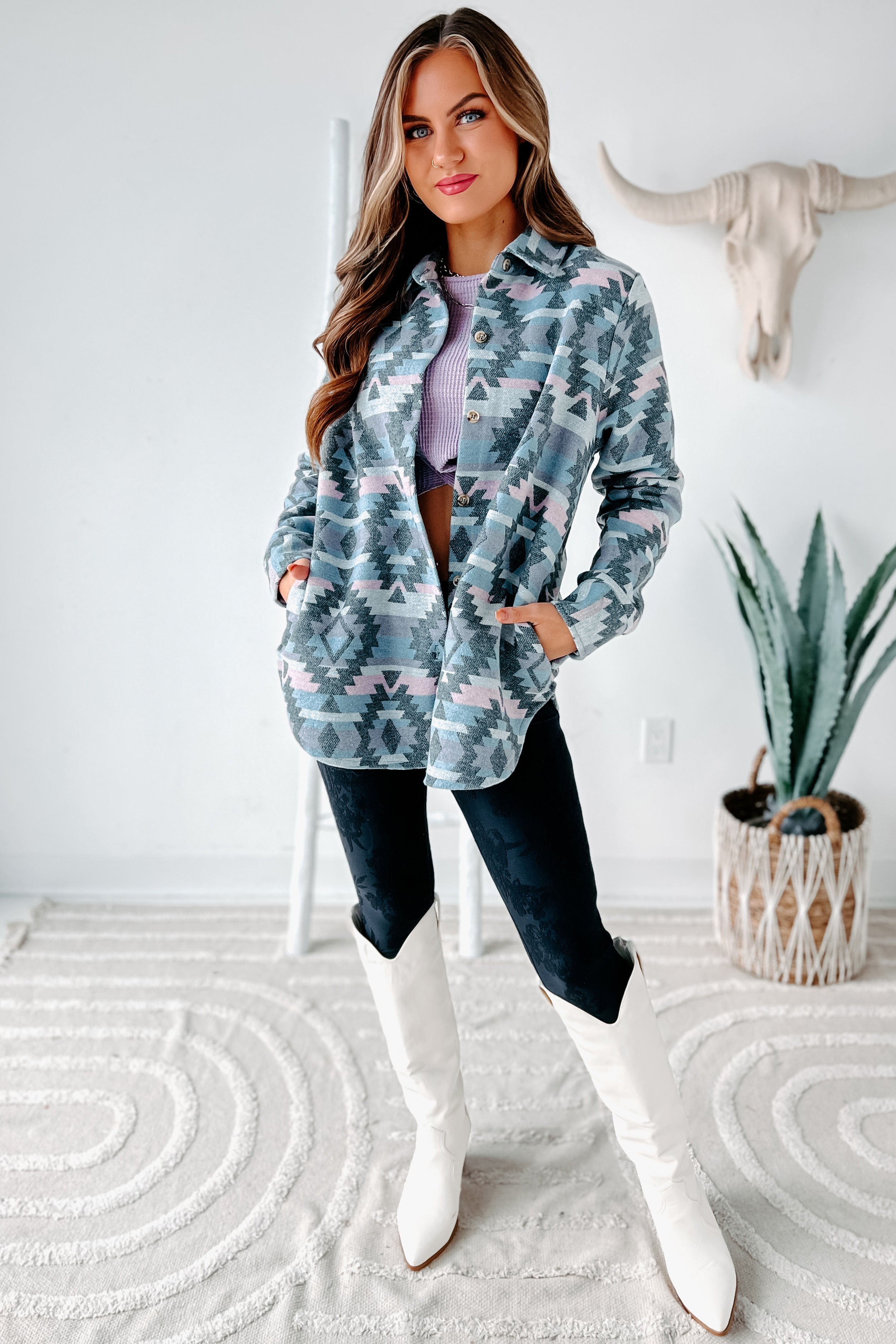 Seeking The Great Plains Aztec Shacket (Pastel Blue/Pink)-The Formal Wear